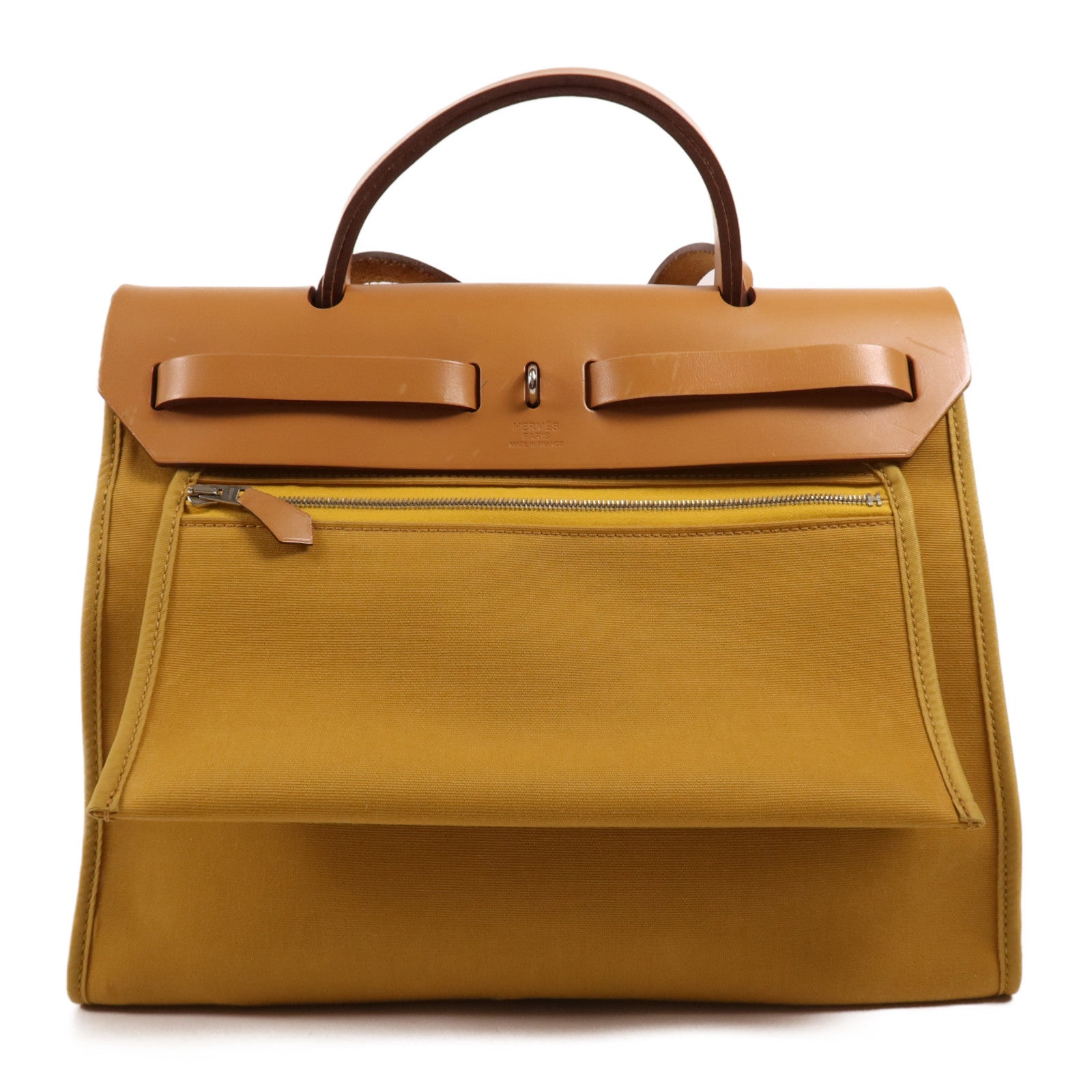 HERMES 帆布/皮革Herbag PM銀扣手挽肩背兩用袋Jaune Ambre