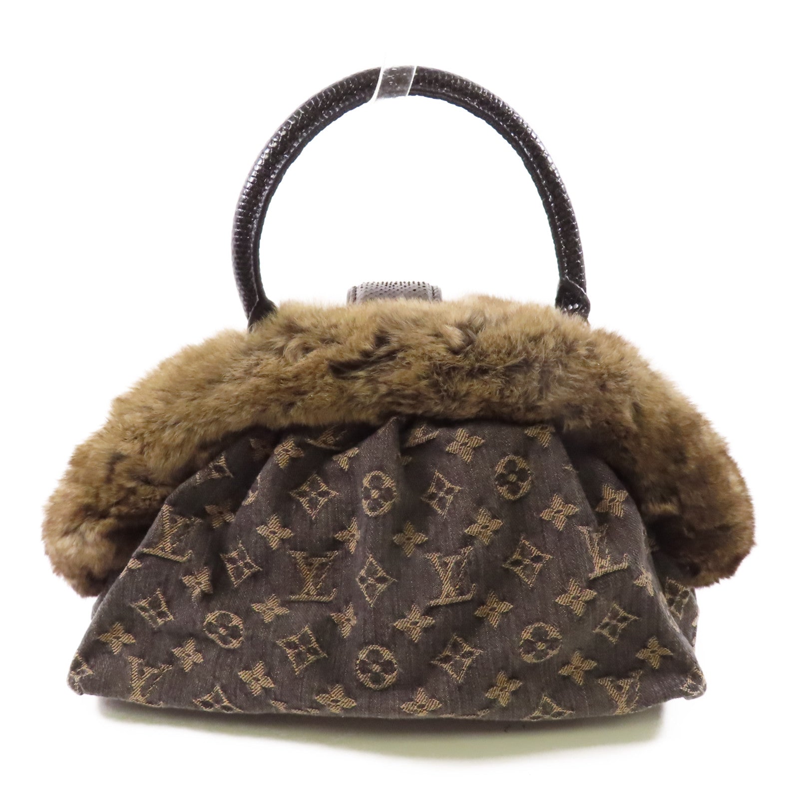 LOUIS VUITTON Monogram Denim/南美栗鼠皮毛/蛇皮皮革Handbag金扣手挽袋