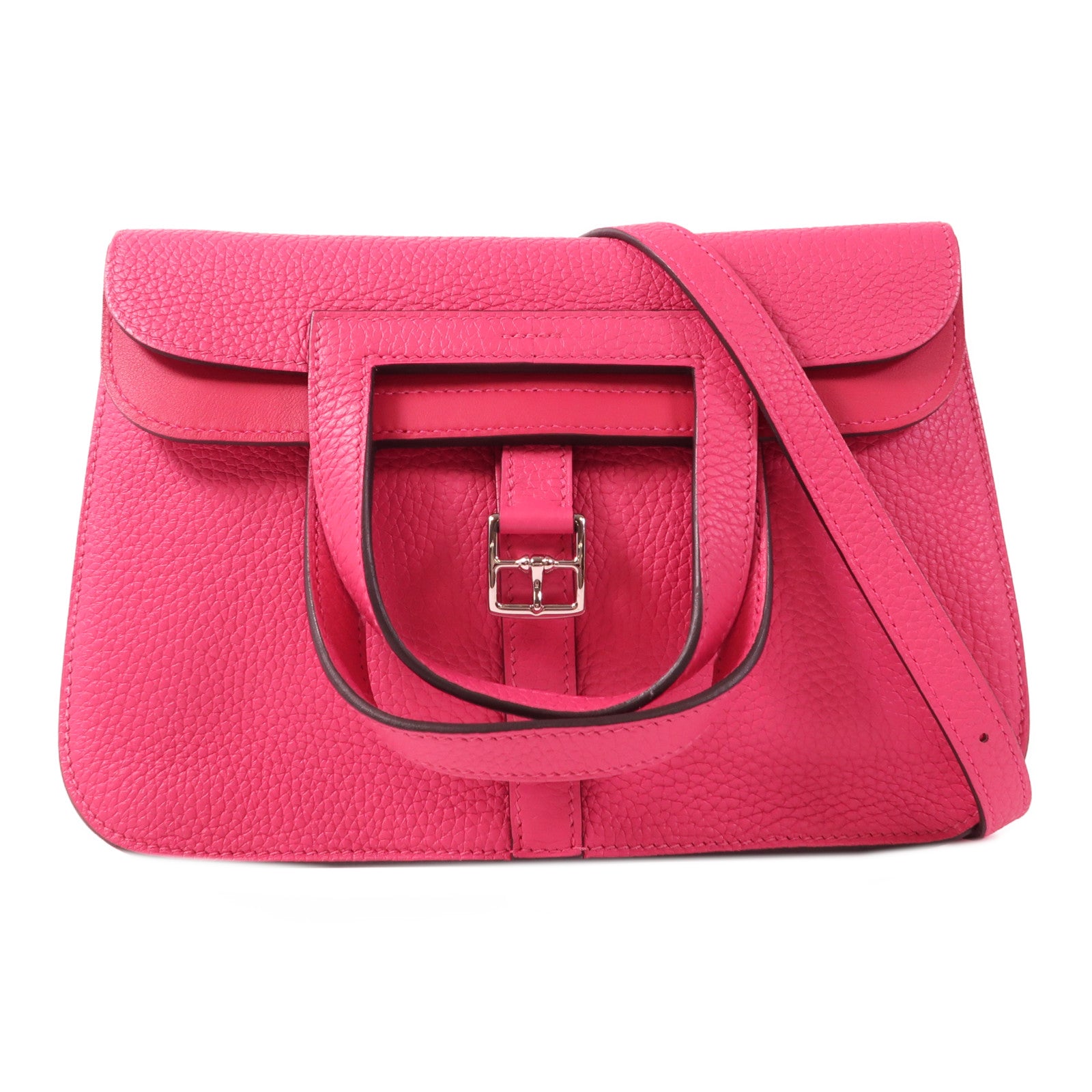 HERMES Clemence皮革Halzan 25銀扣手挽肩背兩用袋Framboise