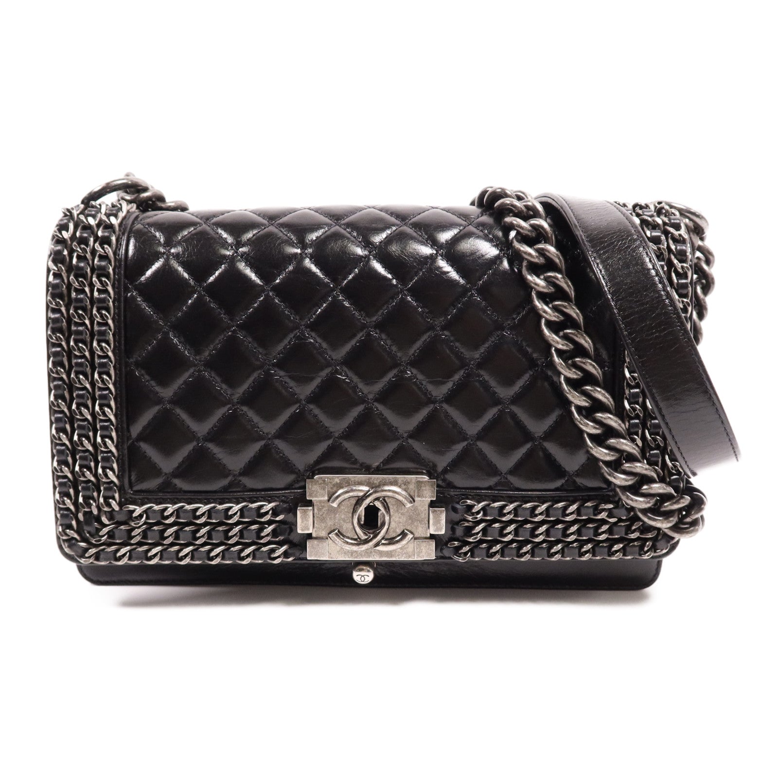 CHANEL 牛皮皮革Boy 25銀扣鏈帶肩背袋