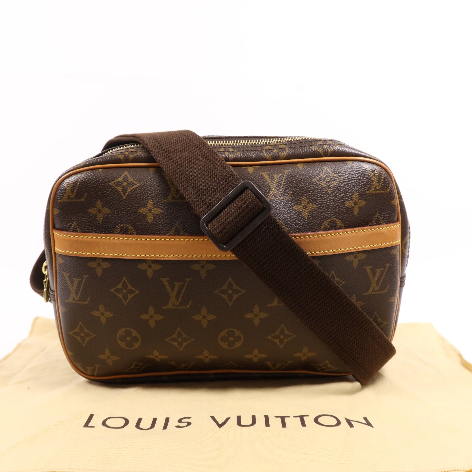 LOUIS VUITTON Monogram Reporter PM金扣肩背袋棕色
