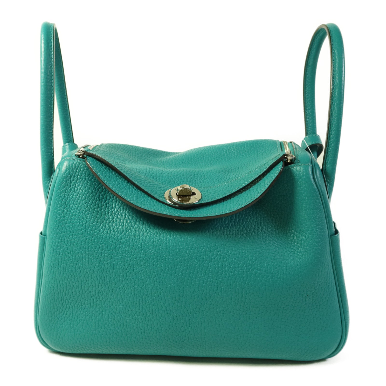 HERMES Clemence皮革Lindy 26銀扣手挽肩背兩用袋Bleu Paon