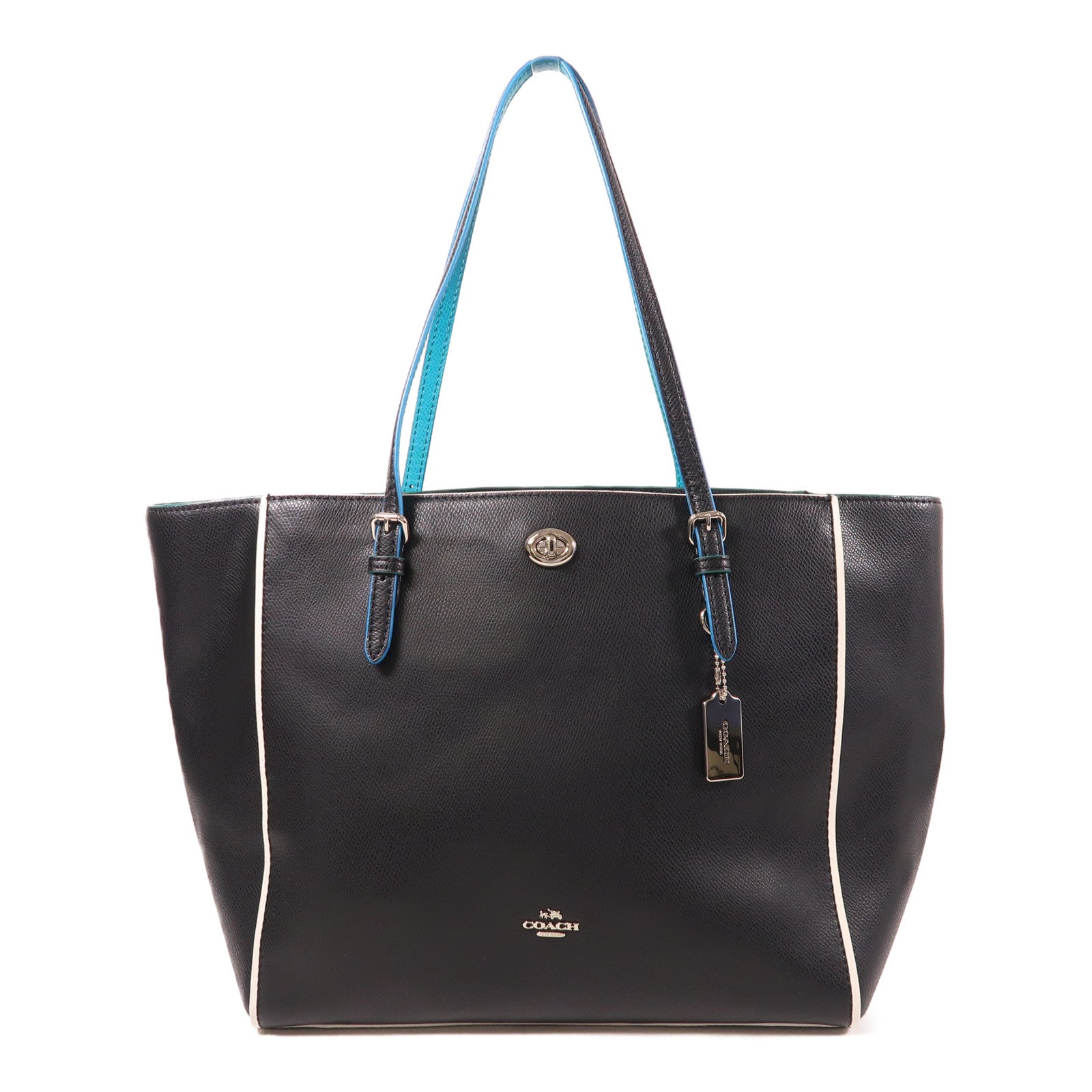 COACH SHW Turnlock Tote Shoulder Tote Bag Leather Black Blue