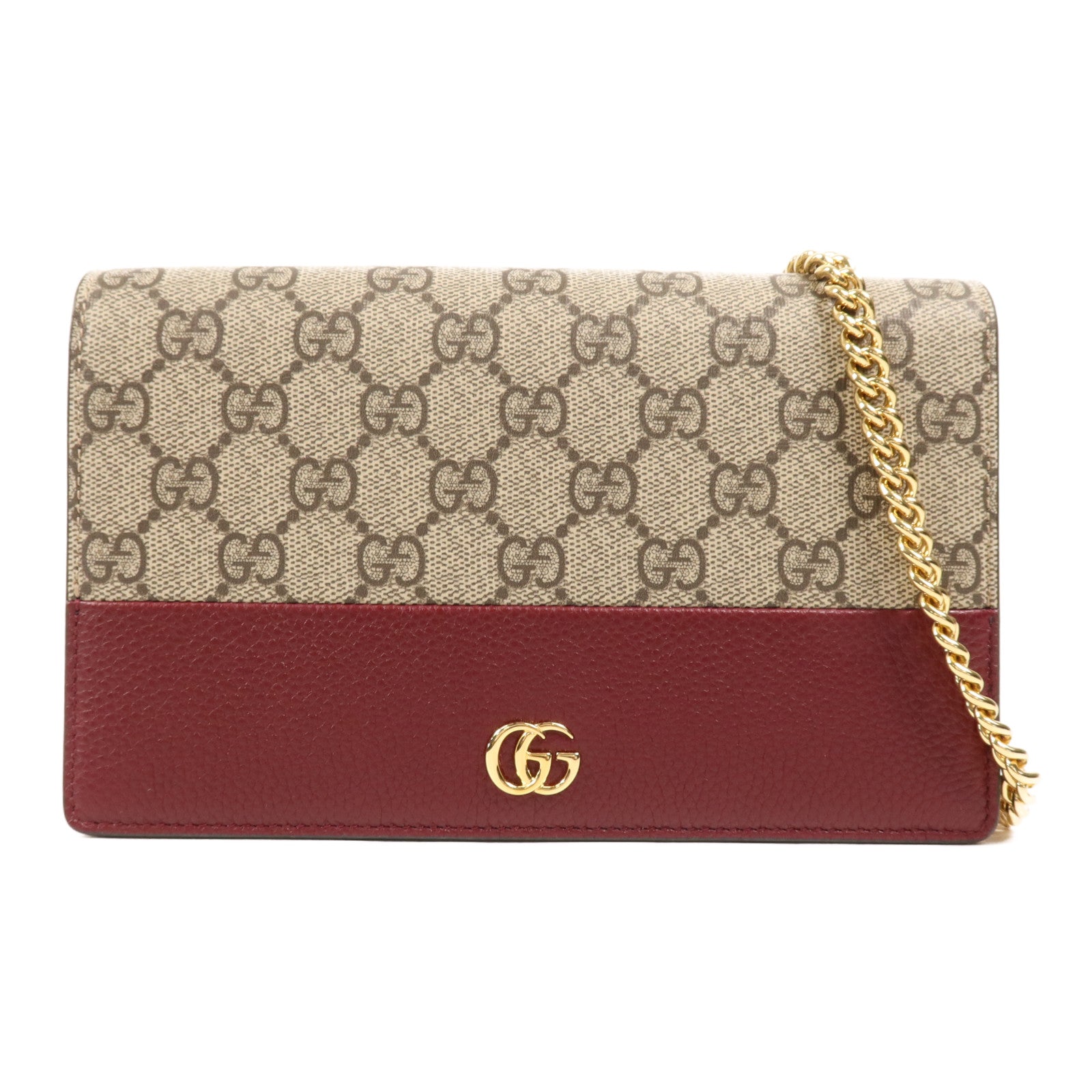 GUCCI 牛皮皮革/塗層帆布GG Marmont Bi-Color Wallet On Chain金扣鏈帶肩背袋