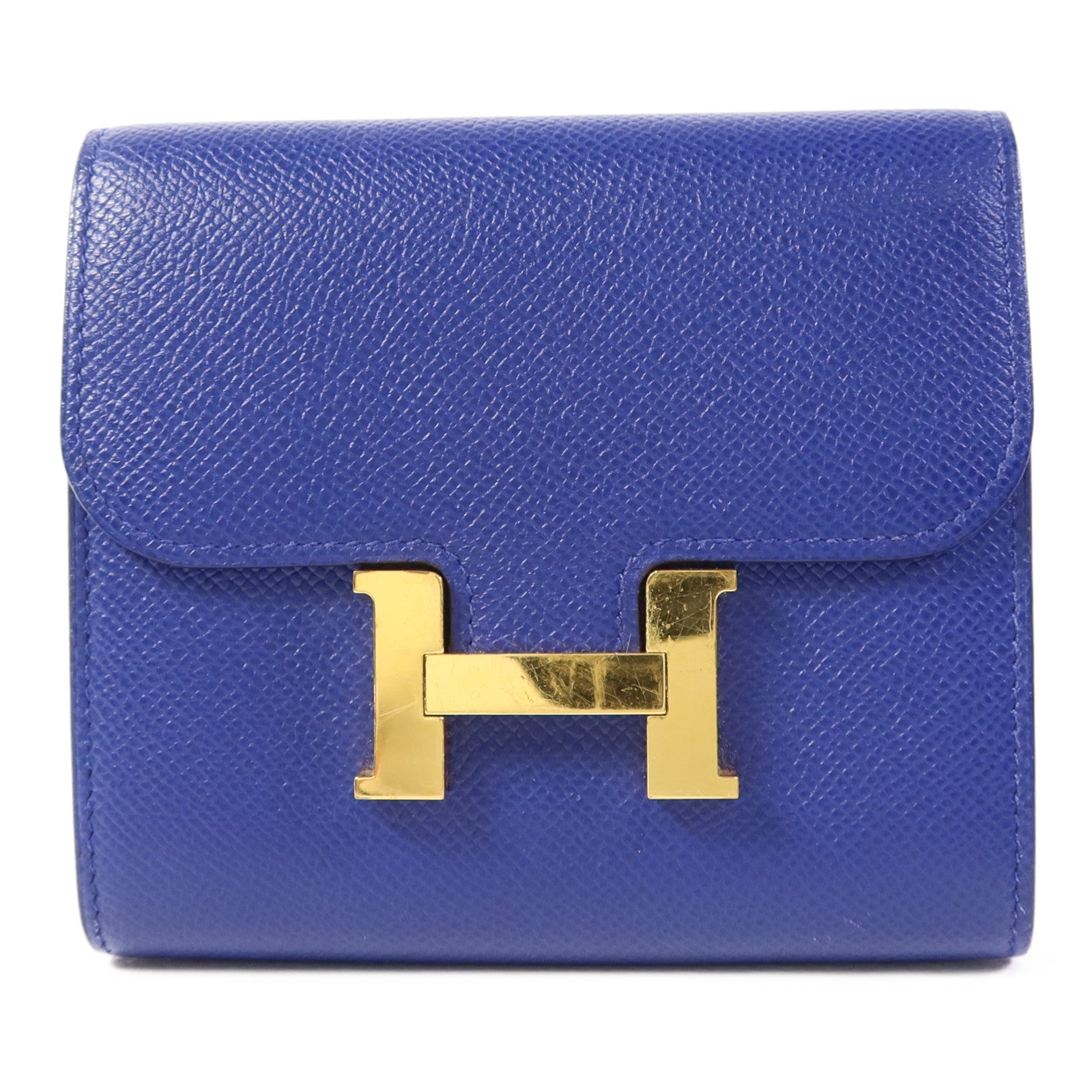 HERMES Epsom皮革Constance Short Wallet金扣錢包Bleu Electrique