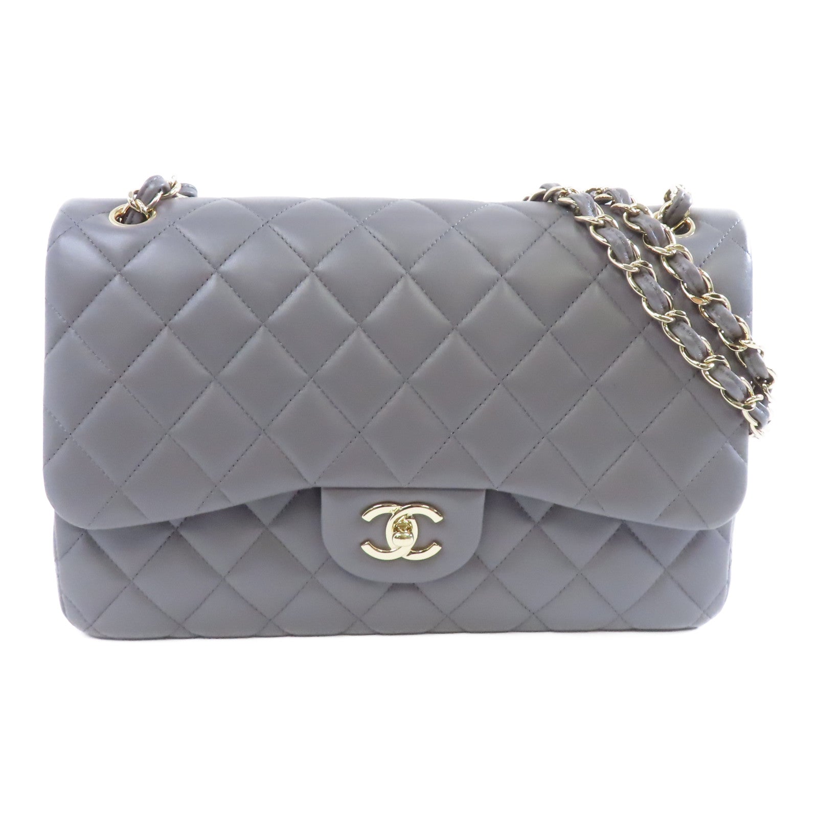 CHANEL 菱格羊皮皮革Classic金扣鏈帶肩背袋灰色– Brand Off Hong