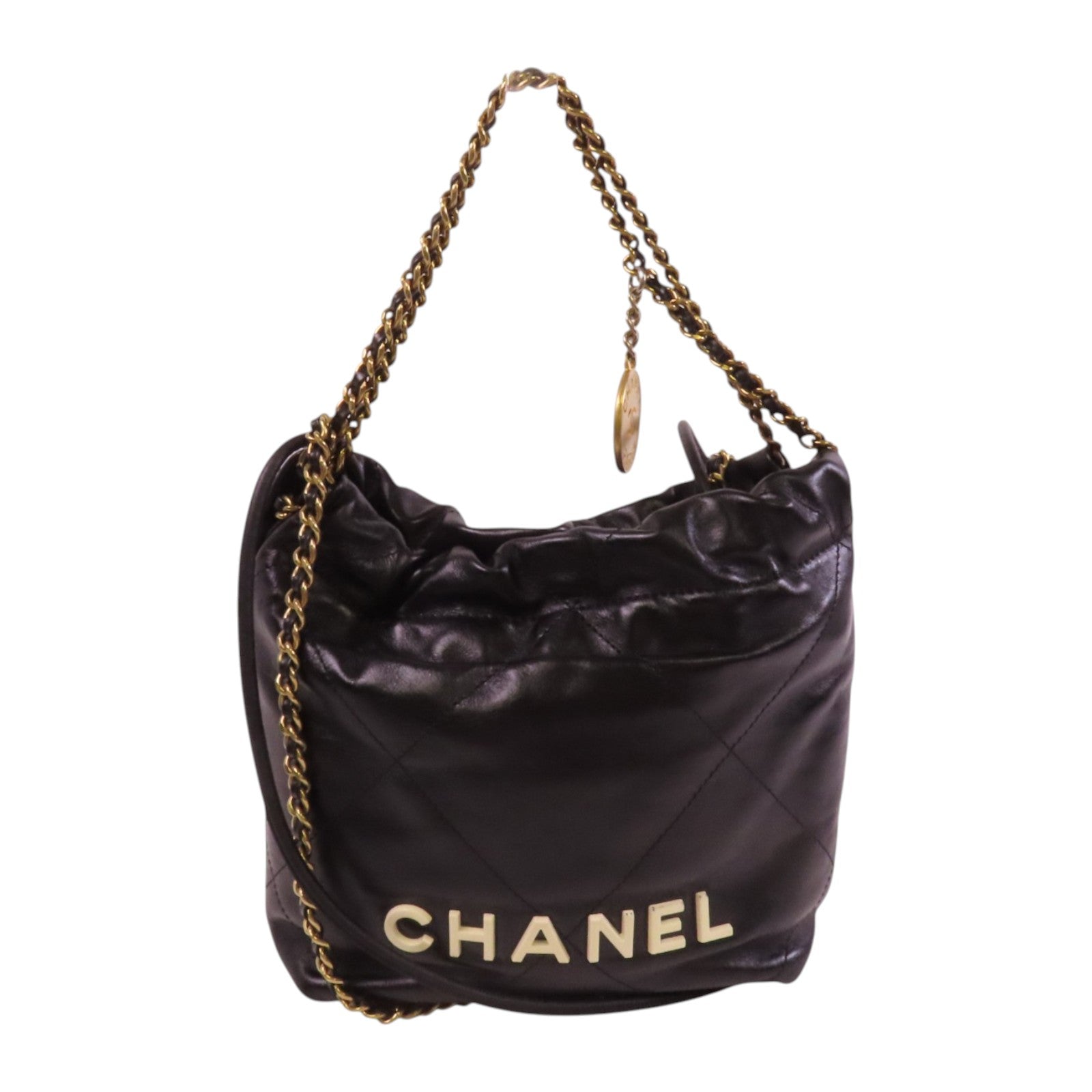 CHANEL 牛皮皮革Mini 22金扣鏈帶手挽肩背背兩用袋