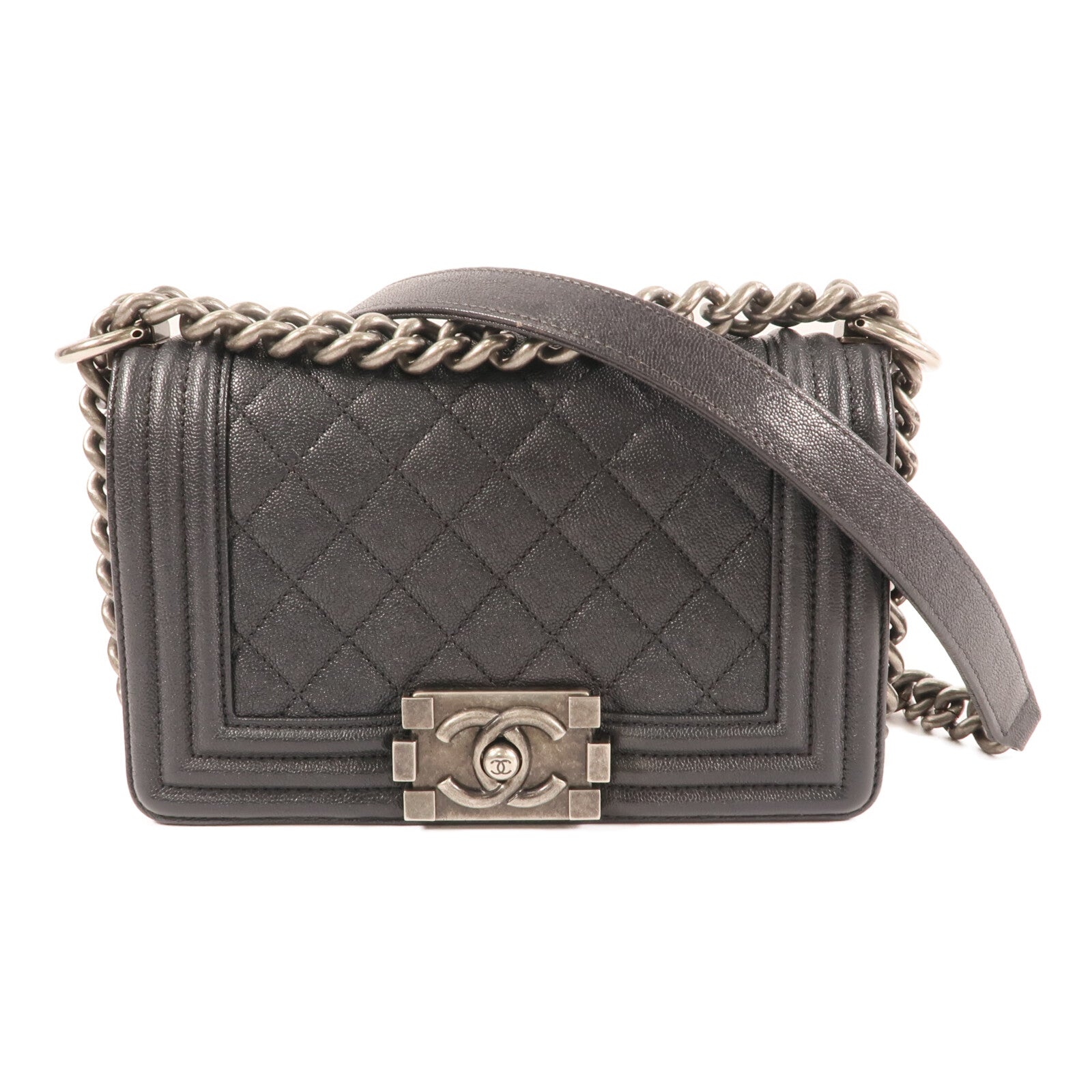 CHANEL 牛皮皮革Boy 20銀扣鏈帶肩背袋