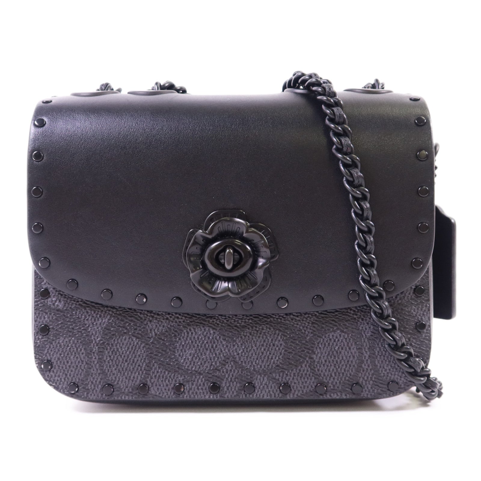 COACH 塗層帆布/牛皮皮革Mini Flap Crossbody Bag鏈帶肩背袋