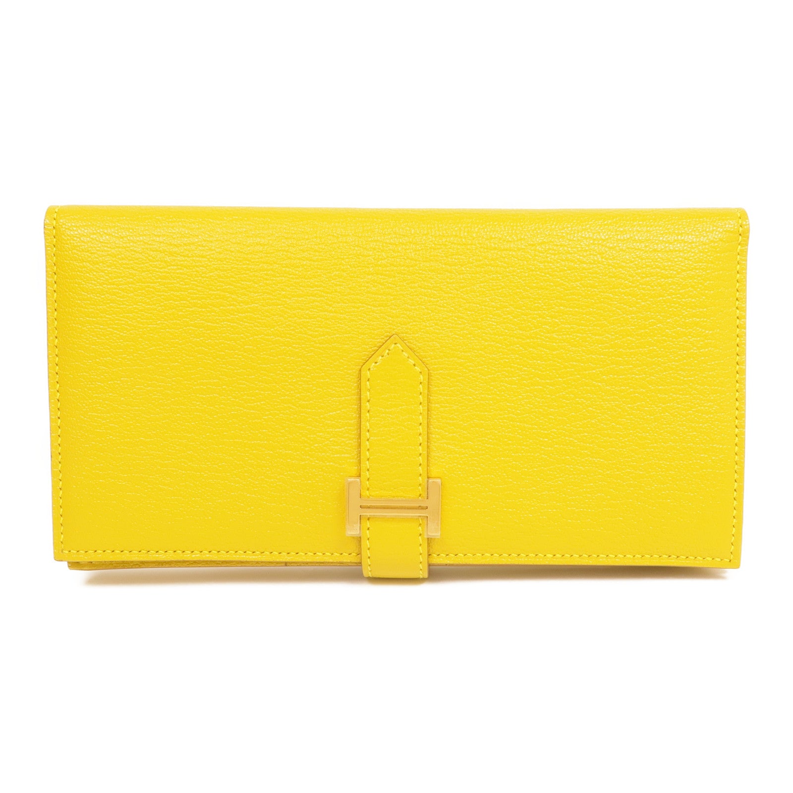 HERMES Chevre皮革Bearn Long Wallet金扣長錢包Jaune Ambre