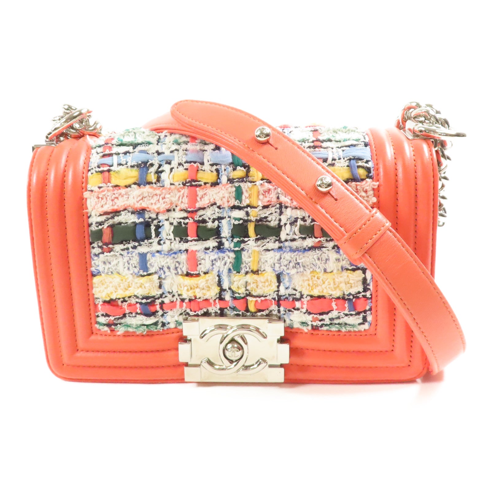 CHANEL 斜紋軟呢Boy 20銀扣鏈帶肩背袋