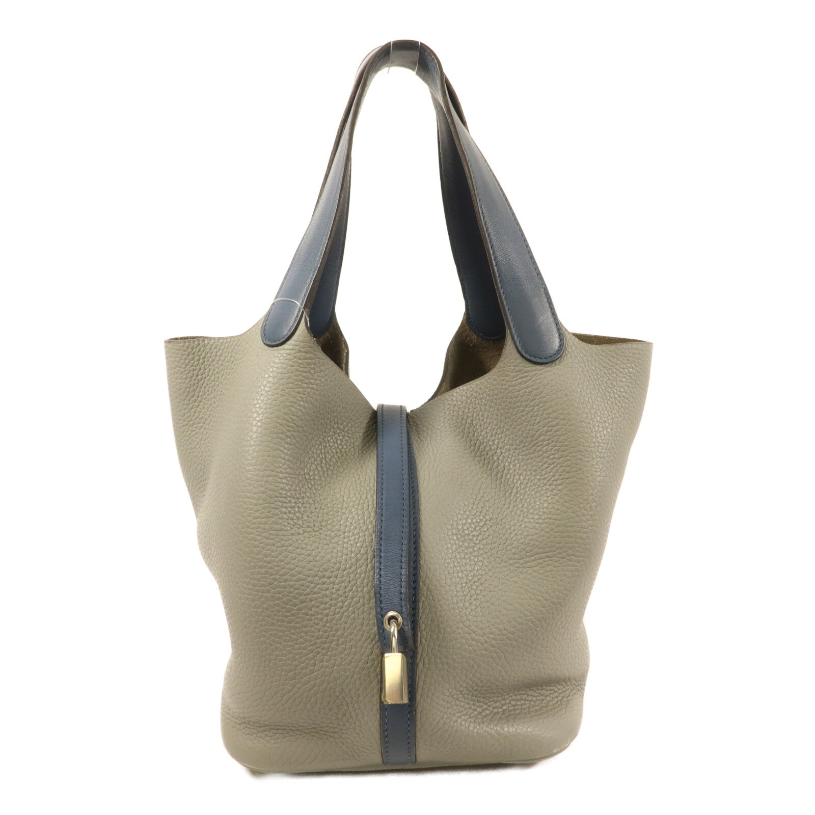 HERMES Clemence皮革Picotin MM手挽袋Gris Moue/Bleu Agate