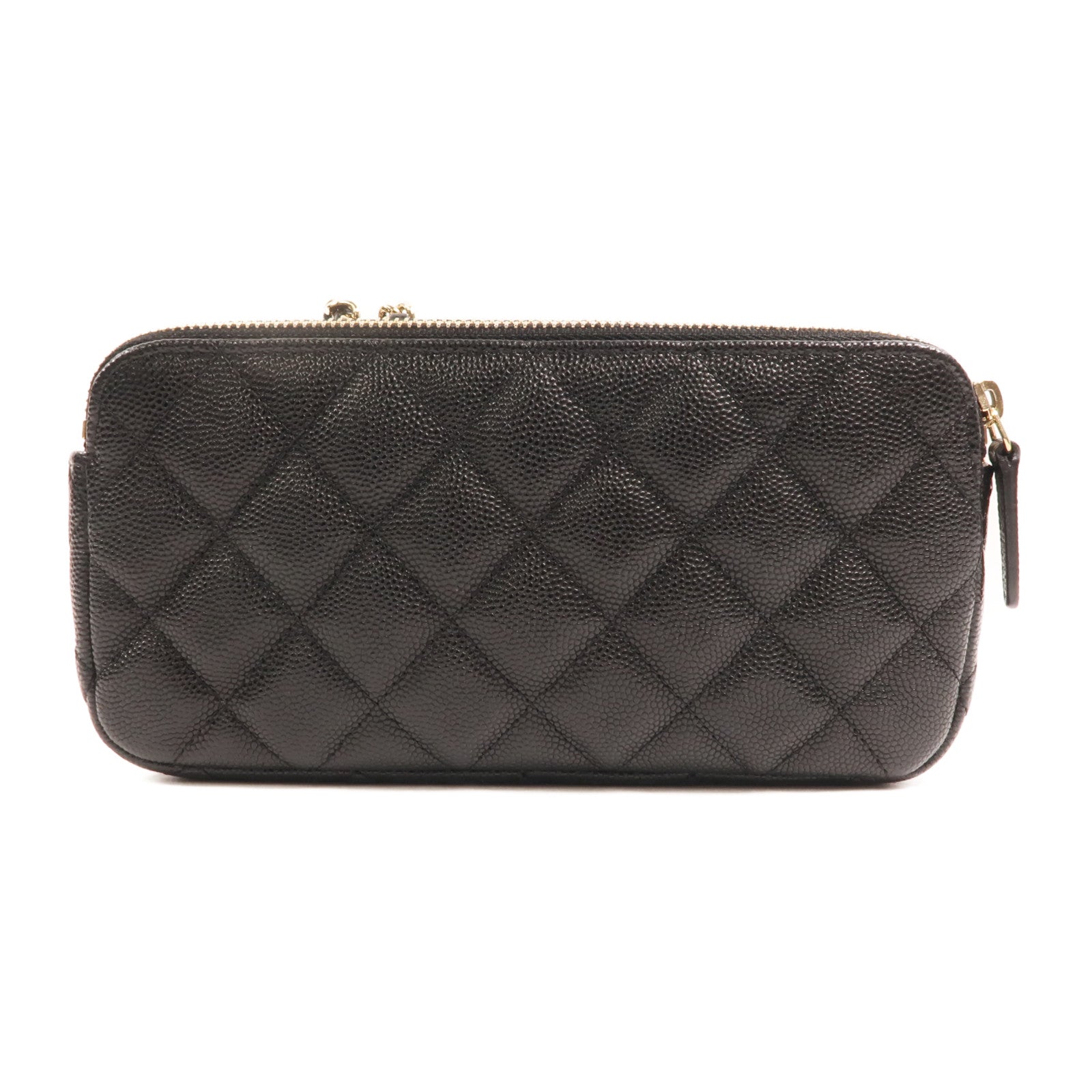 CHANEL 牛皮皮革Double Zip Clutch金扣鏈帶肩背袋