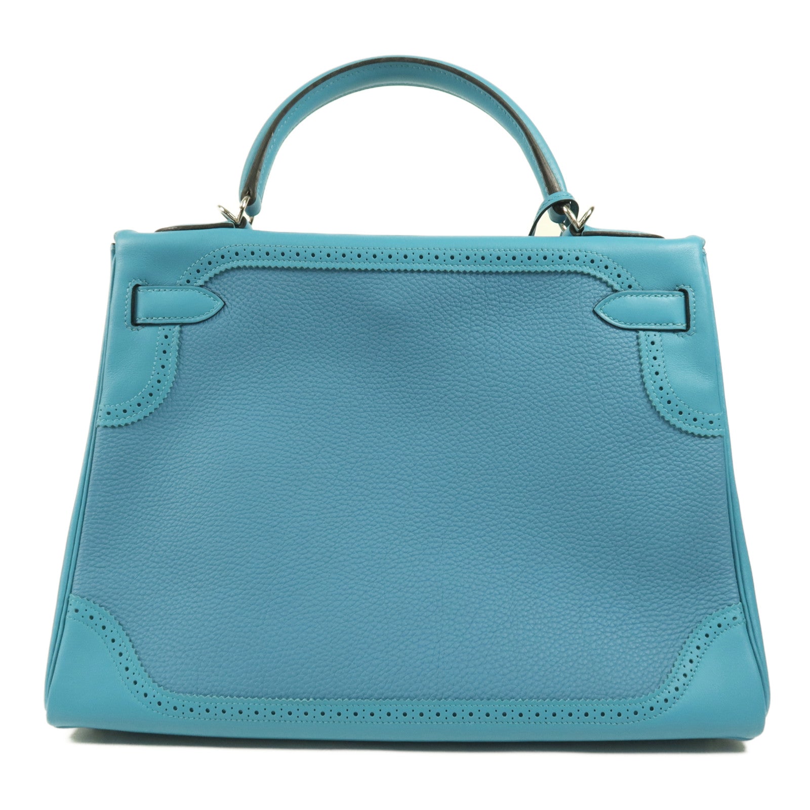 HERMES Togo皮革/Swift皮革Kelly Ghillies 32銀扣手挽肩背兩用袋Turquoise