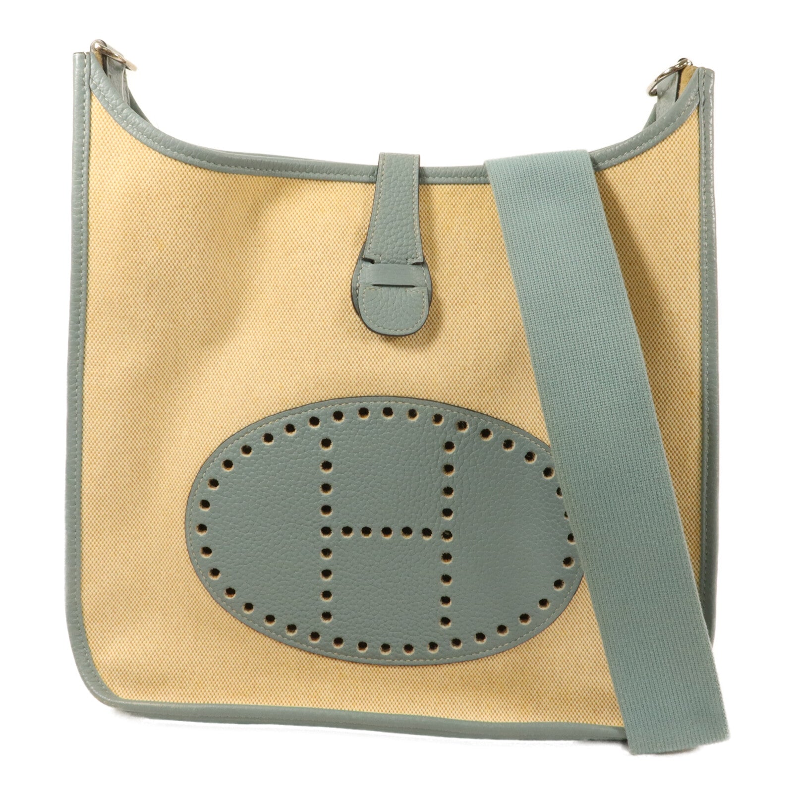 HERMES Toile H帆布/Clemence皮革Evelyne GM肩背袋Ciel