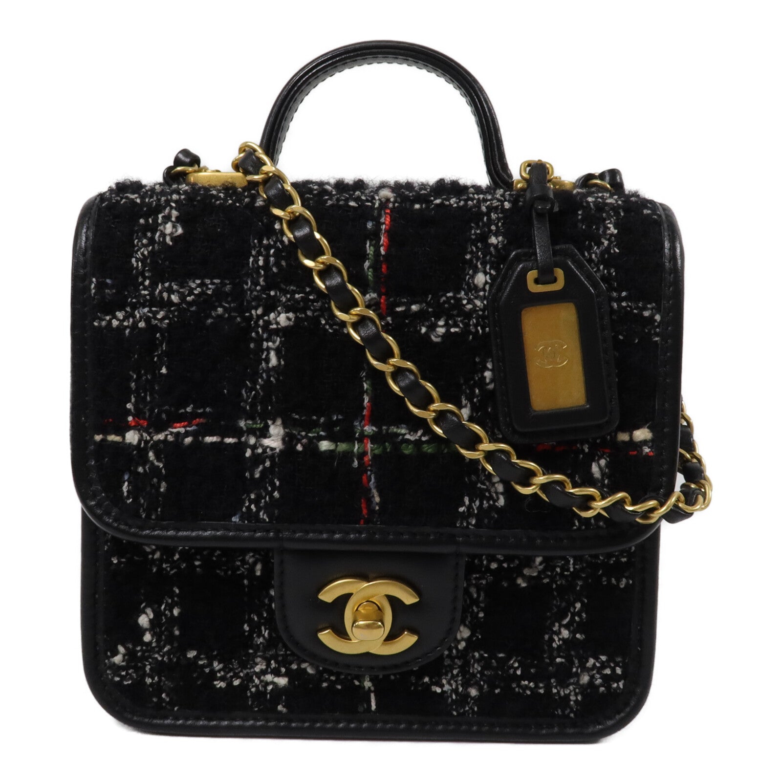 CHANEL Tweed/牛皮皮革Top Handle Flap Bag鏈帶手挽肩背兩用袋