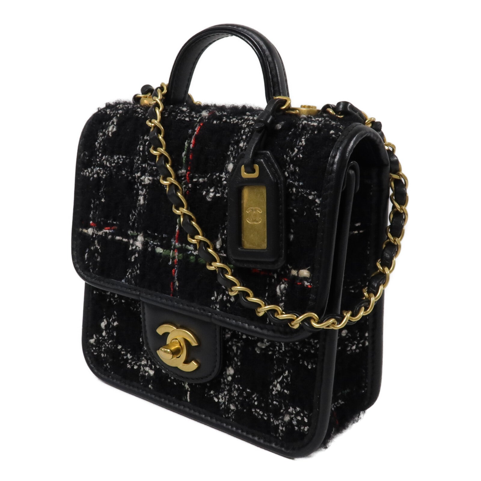 CHANEL Tweed/牛皮皮革Top Handle Flap Bag鏈帶手挽肩背兩用袋