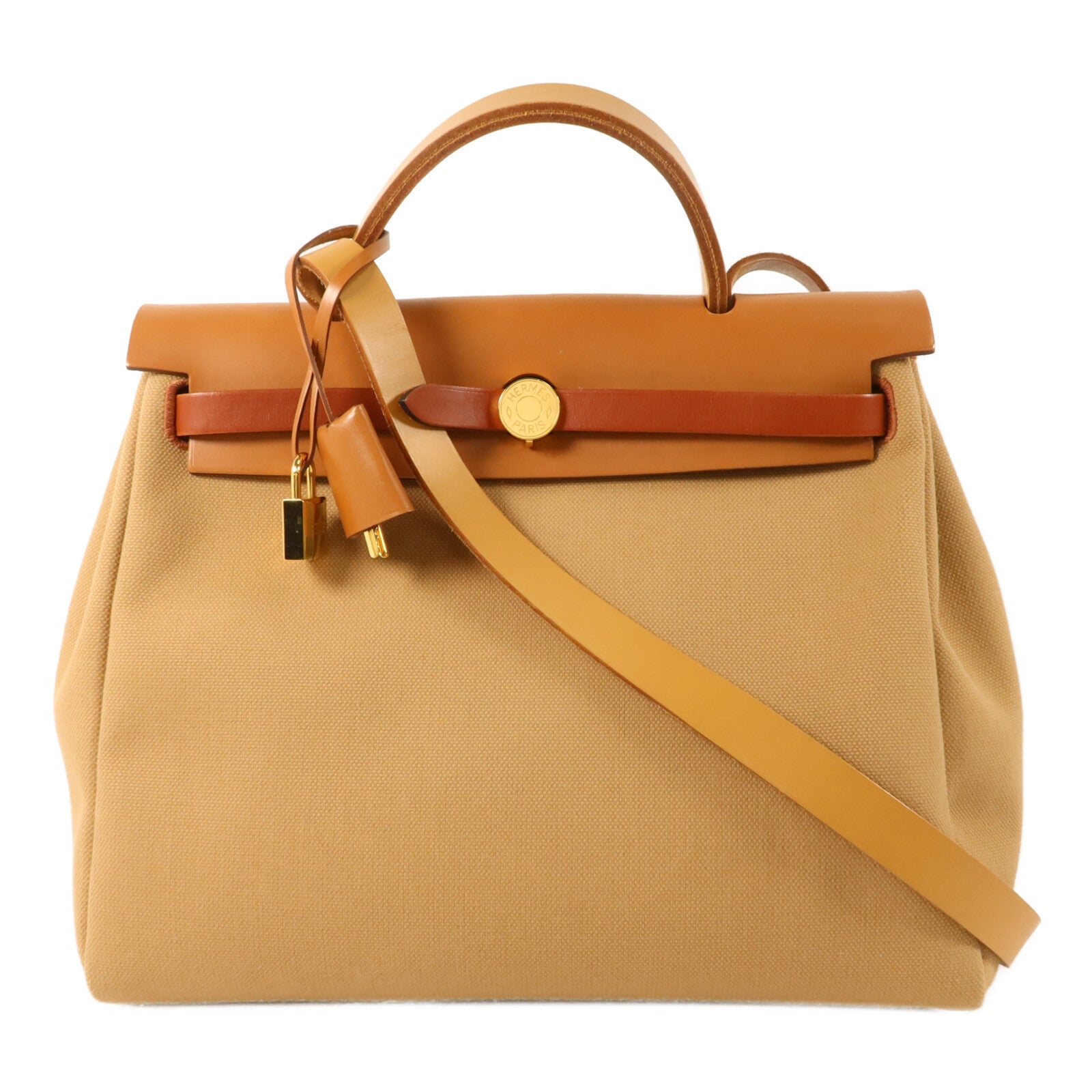 HERMES 帆布Herbag PM手挽肩背兩用袋Chai/Naturel-Sable/Fauve/Cuivre
