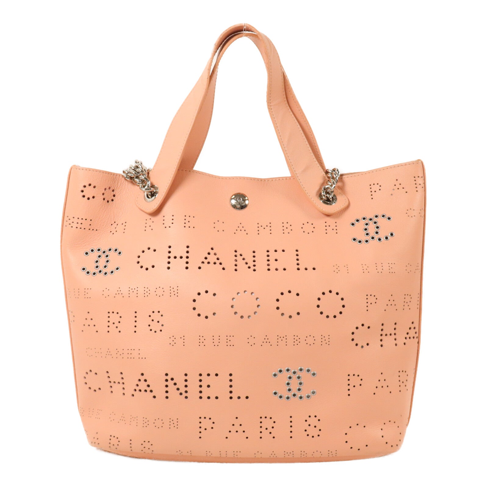 CHANEL 牛皮皮革Logo Eyelets Perforated Tote鏈帶手挽肩背兩用袋