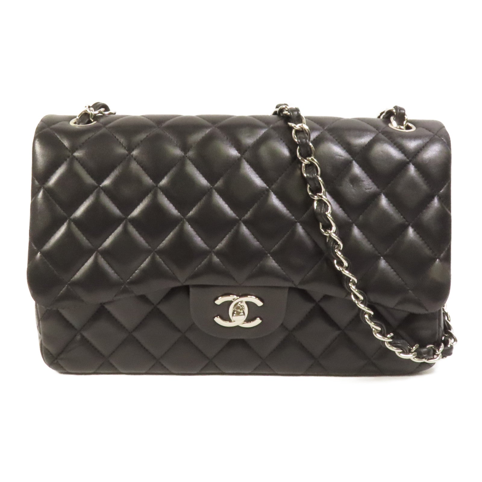 CHANEL 羊皮皮革Large Classic銀扣鏈帶肩背袋