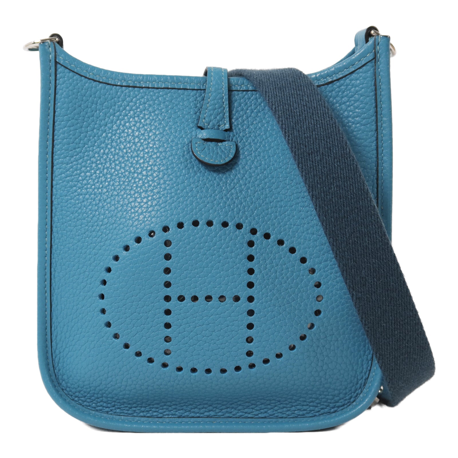 HERMES Clemence皮革Evelyne TPM銀扣肩背袋Bleu Paon