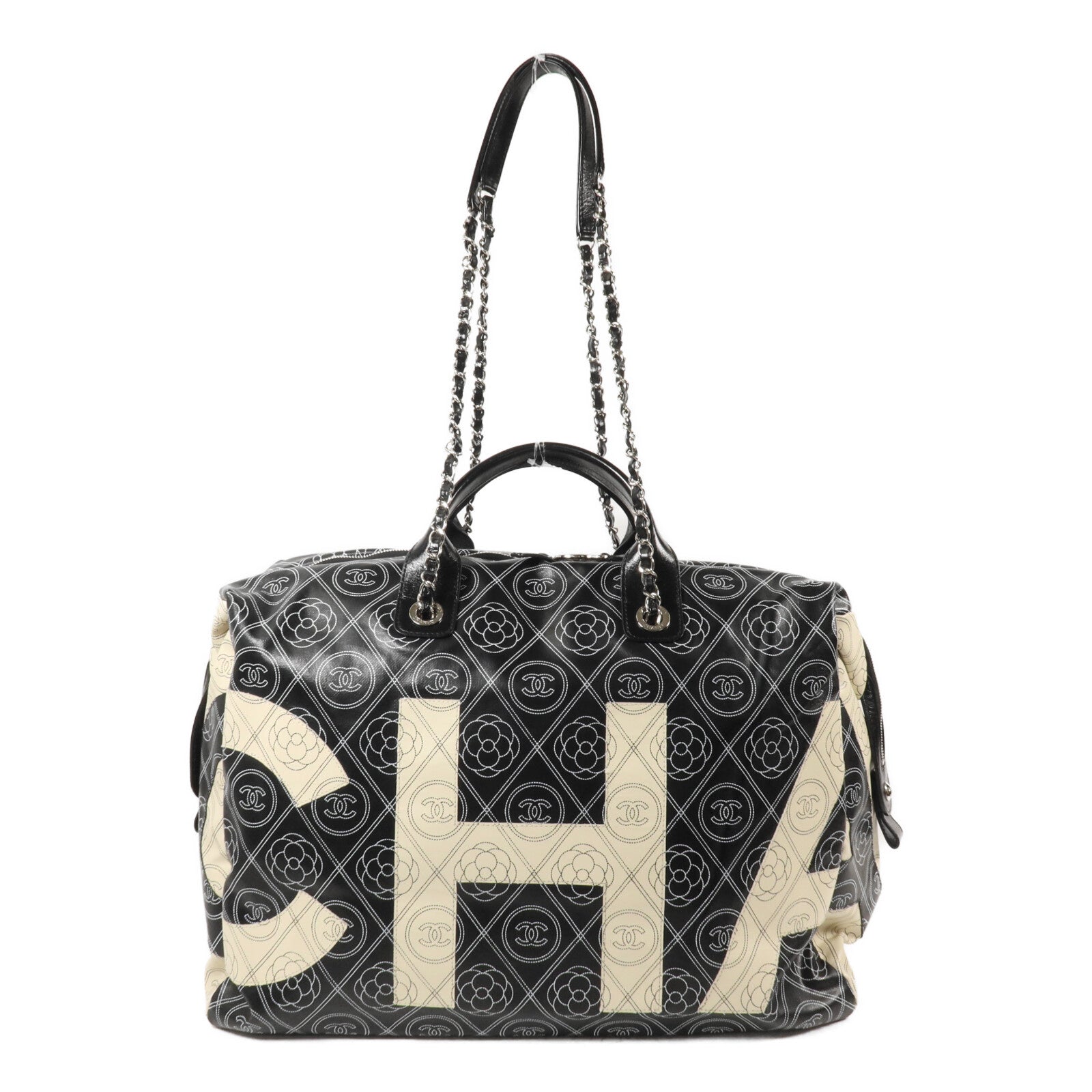 CHANEL 塗層帆布Maxi Bowling Bag鏈帶手挽肩背兩用袋