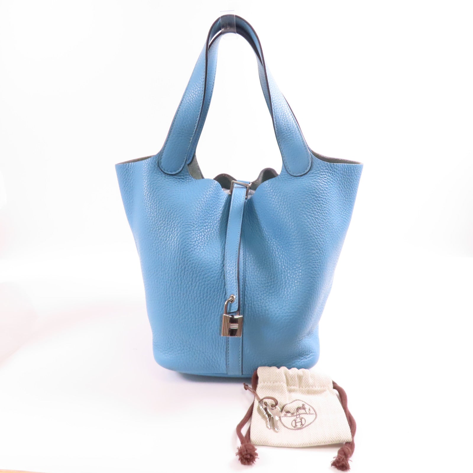 HERMES Clemence皮革Picotin MM銀扣手挽袋Bleu Du Nor