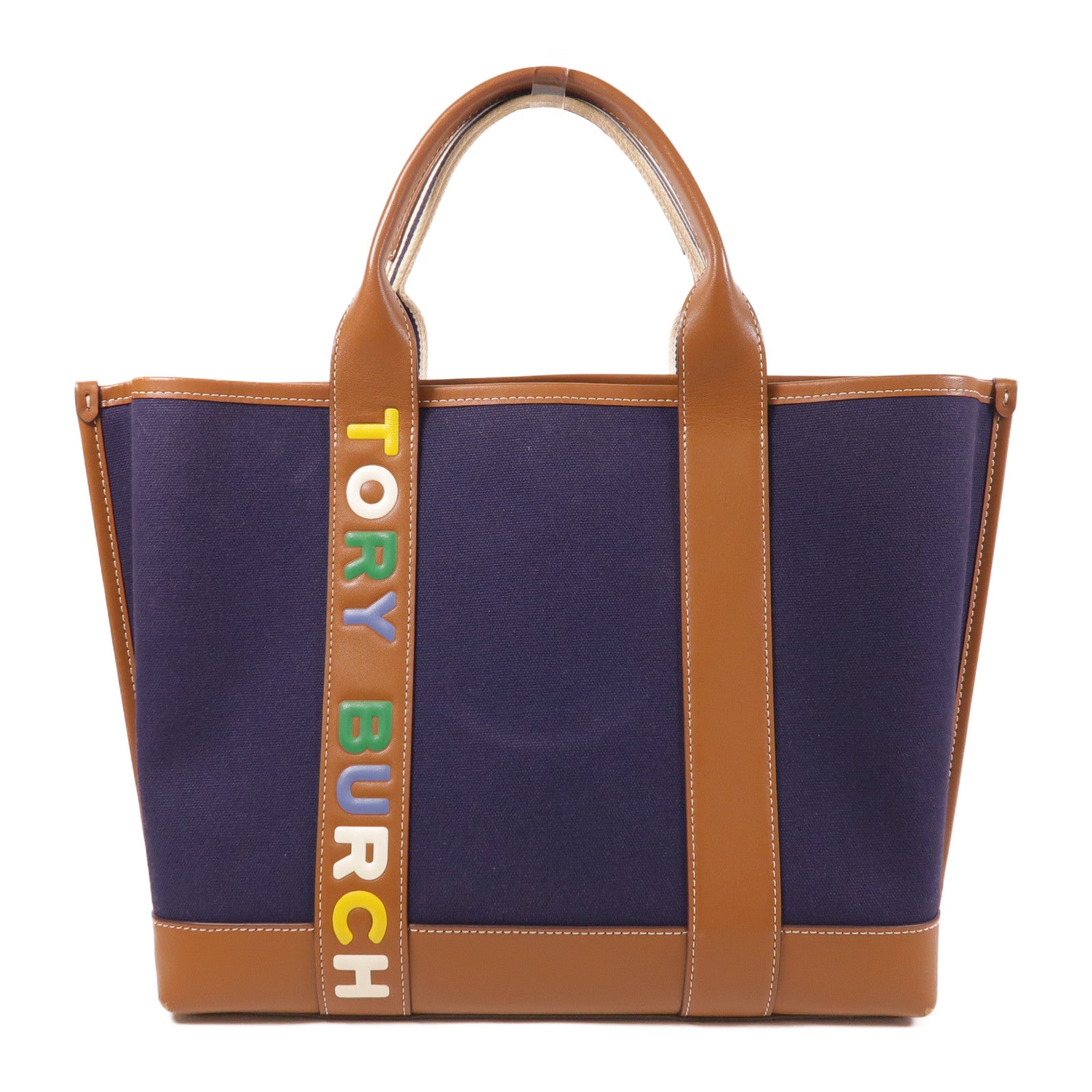 Tory Burch (PRICE DOWN) GHW Hand Bag/Tote Bag Canvas/Leather Blue/Brown