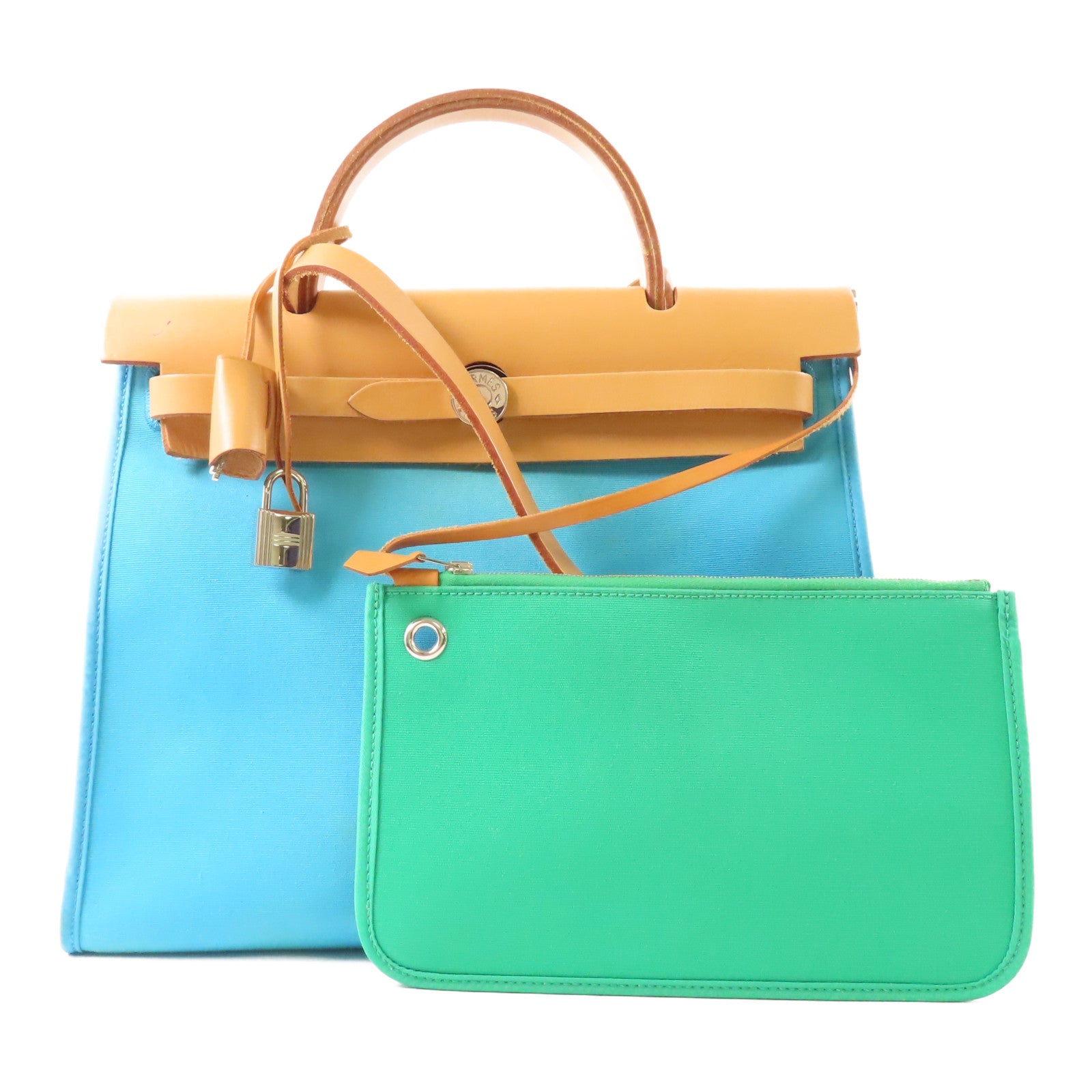 HERMES 帆布Herbag 31銀扣手挽肩背兩用袋Blue Azteque/Menthe