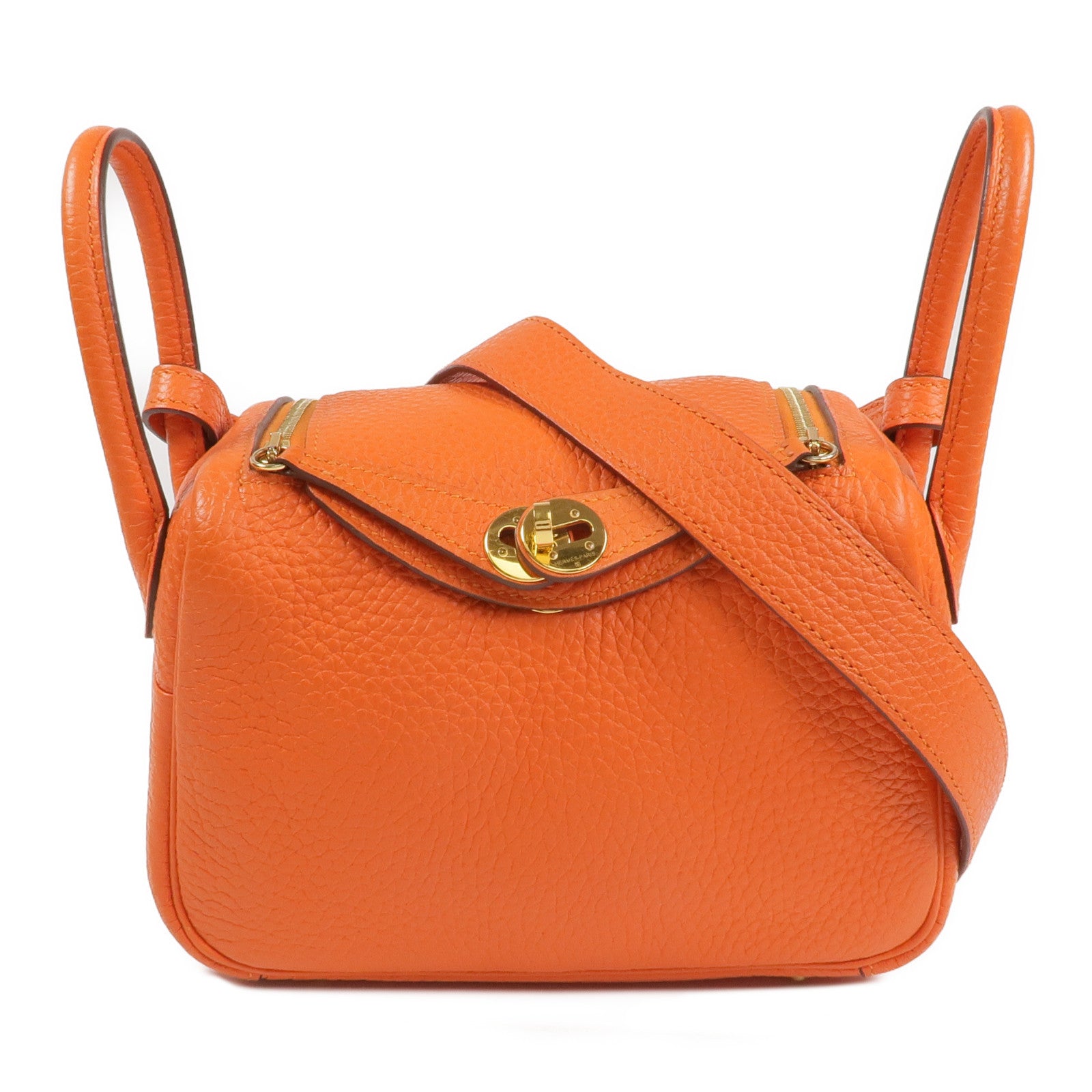 HERMES Togo皮革Mini Lindy金扣手挽肩背兩用袋Orange