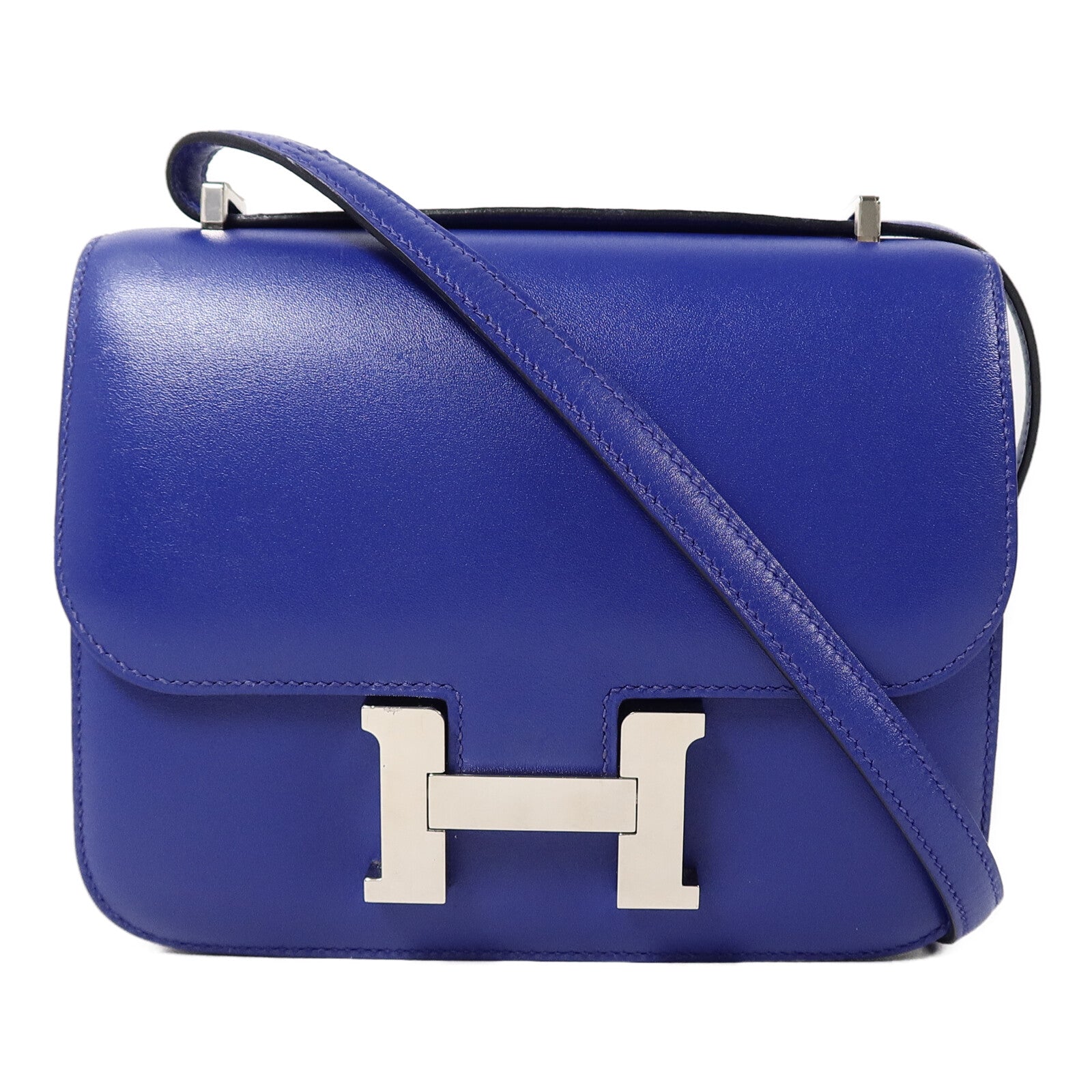 HERMES Box Calf皮革Constance Mini肩背袋Bleu Electrique