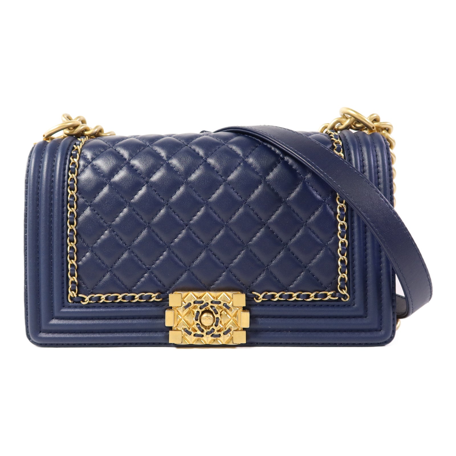 CHANEL 牛皮皮革Boy 25金扣鏈帶肩背袋