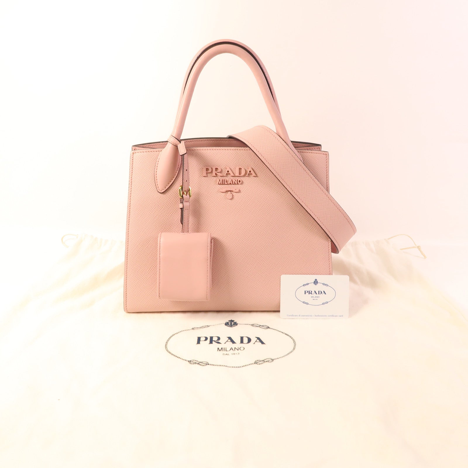 PRADA Saffiano皮革Monochrome金扣手挽肩背兩用袋