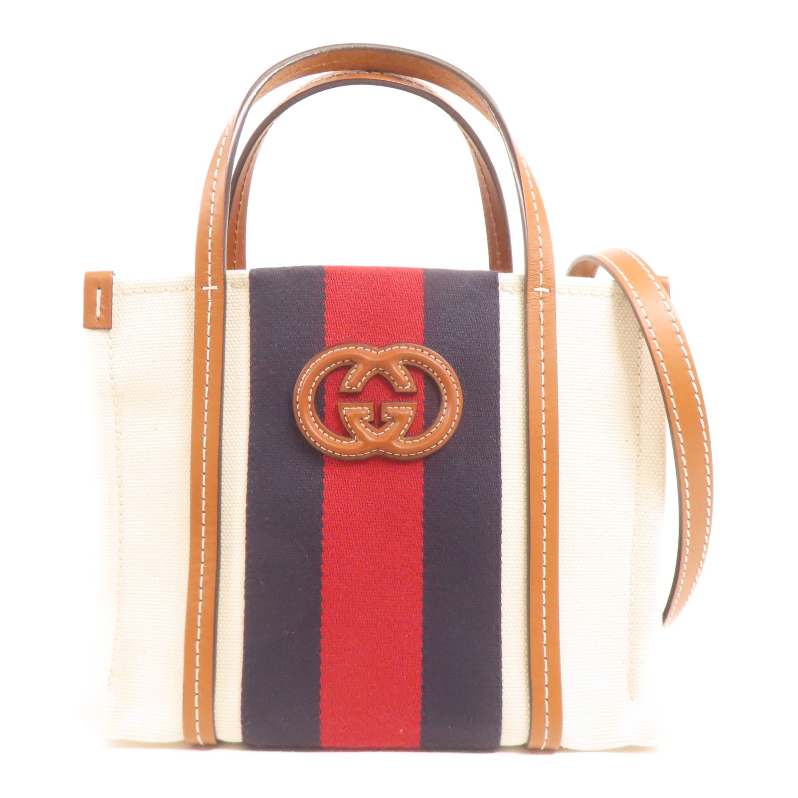 GUCCI GG Interlocking G Mini Tote 2 Way Bag Canvas White/Brown/Navy/Red