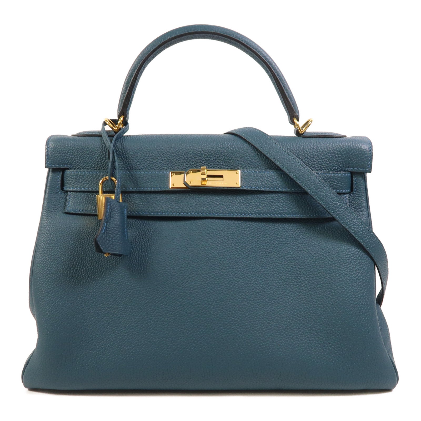 HERMES Epsom皮革Kelly 32金扣手挽肩背兩用袋Bleu Tempete