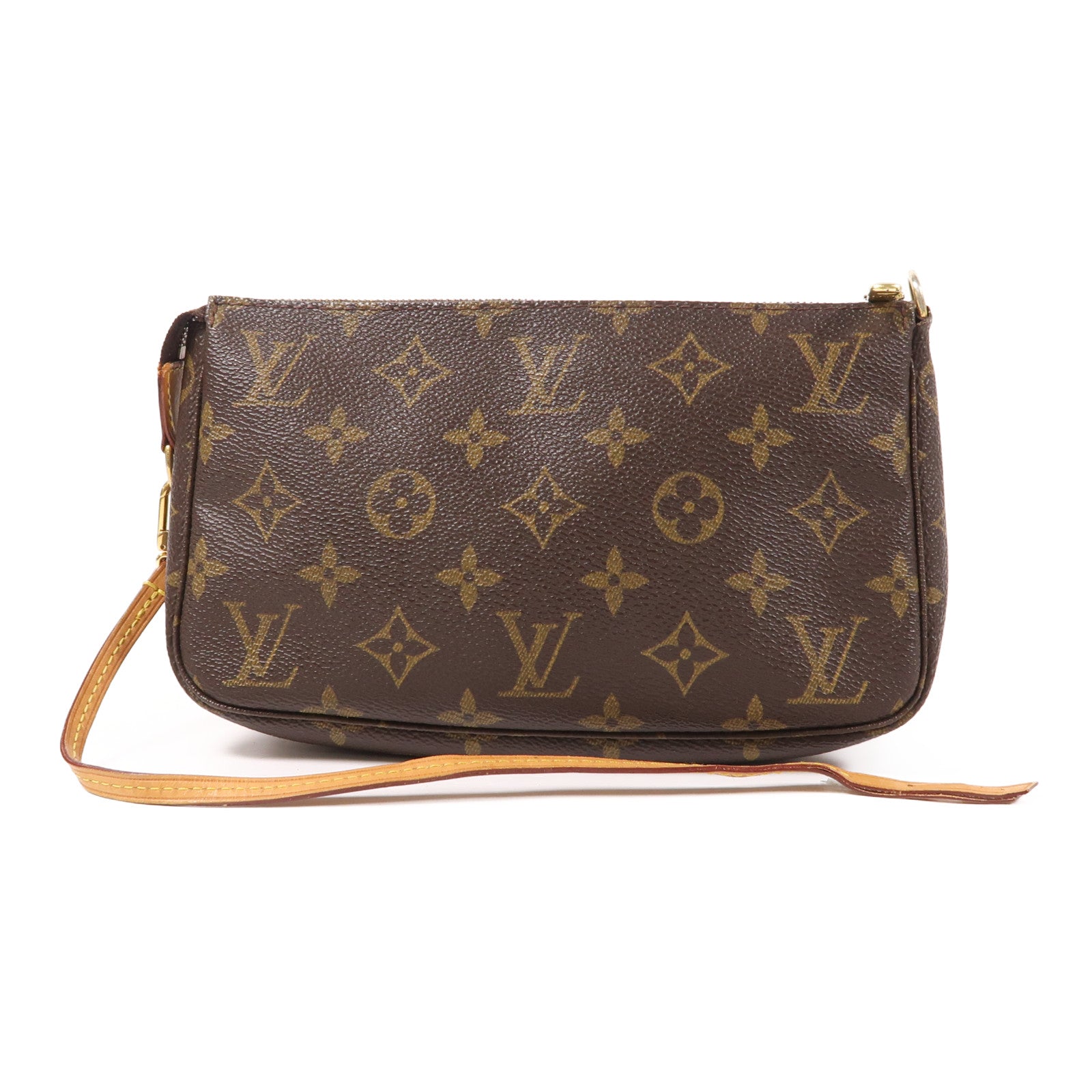 LOUIS VUITTON Monogram Pochette Accessoires金扣手挽袋棕色