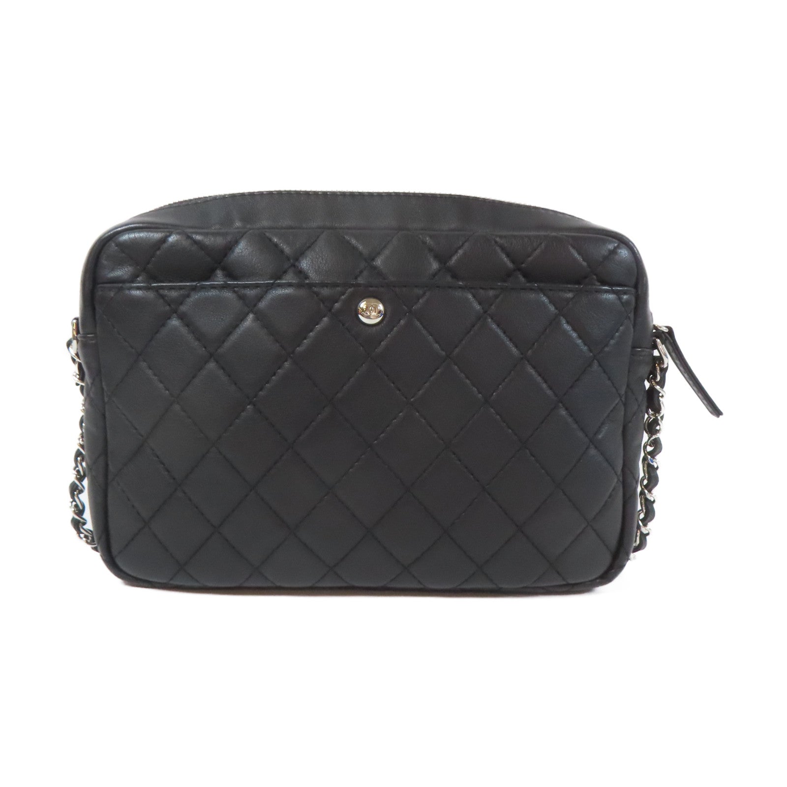 CHANEL 菱格牛皮皮革Chain Shoulder Bag銀扣鏈帶肩背袋黑色