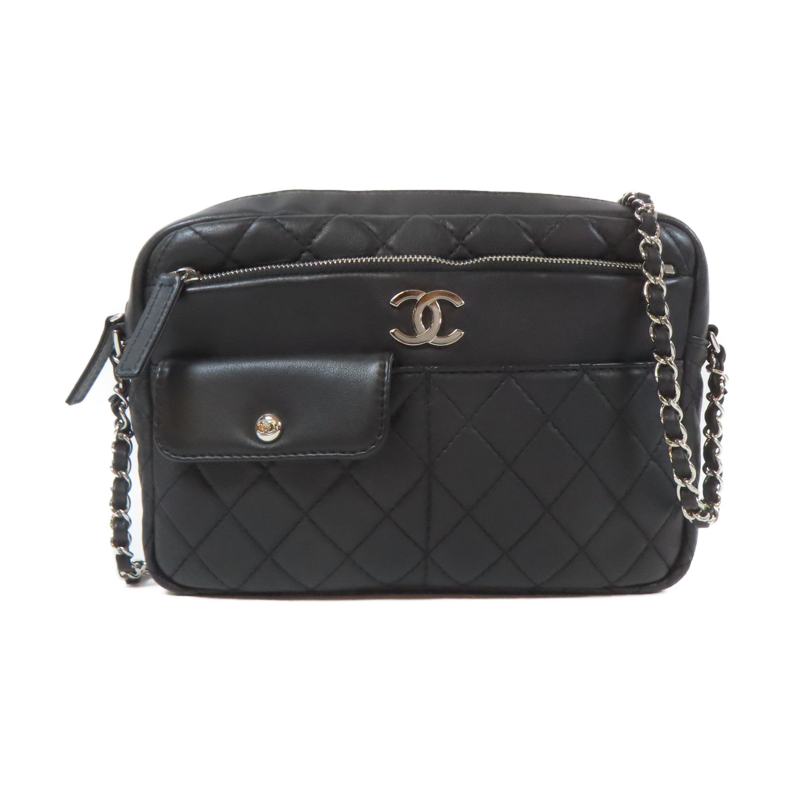 CHANEL 菱格牛皮皮革Chain Shoulder Bag銀扣鏈帶肩背袋黑色