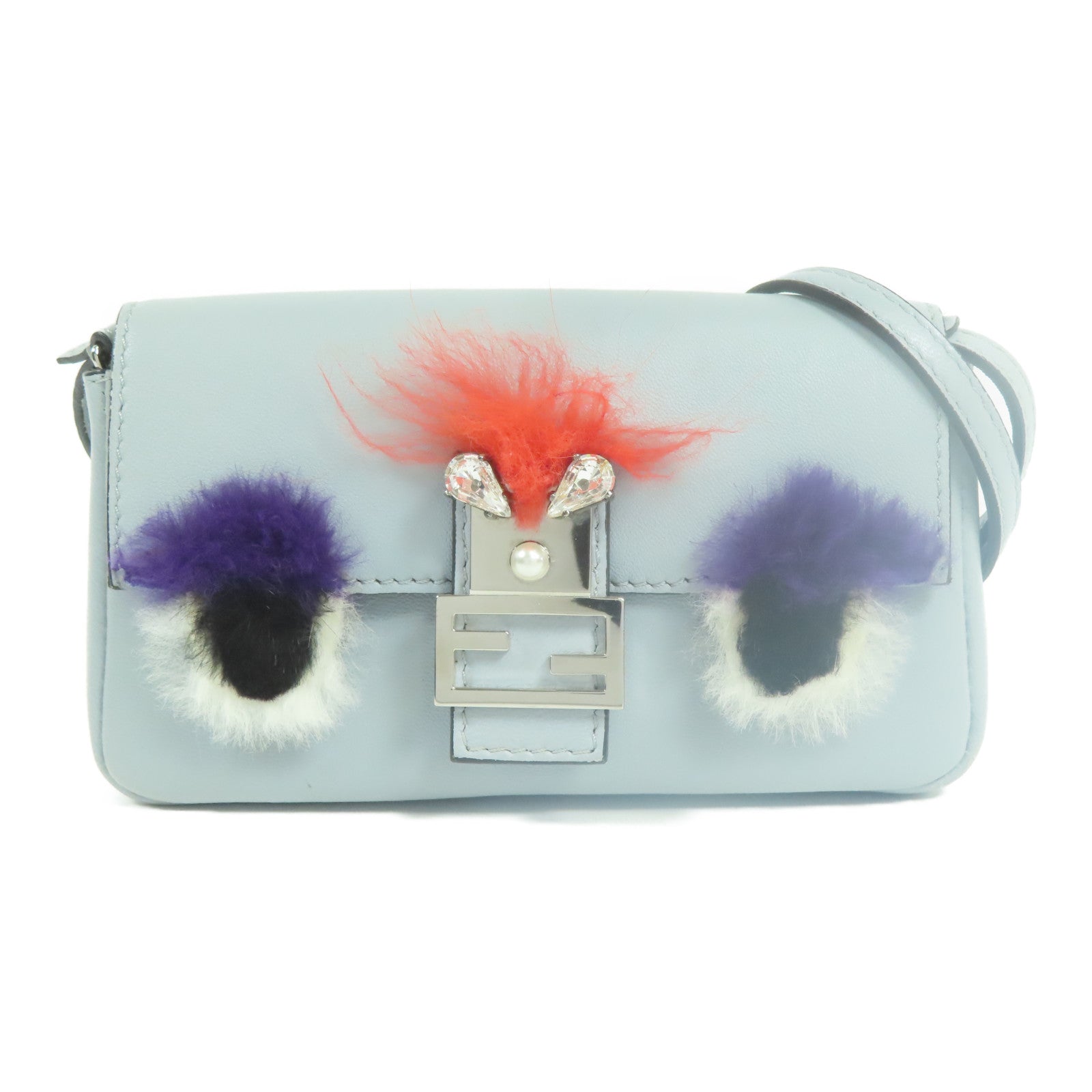 FENDI 牛皮皮革/狐狸毛Shoulder Bag銀扣肩背袋