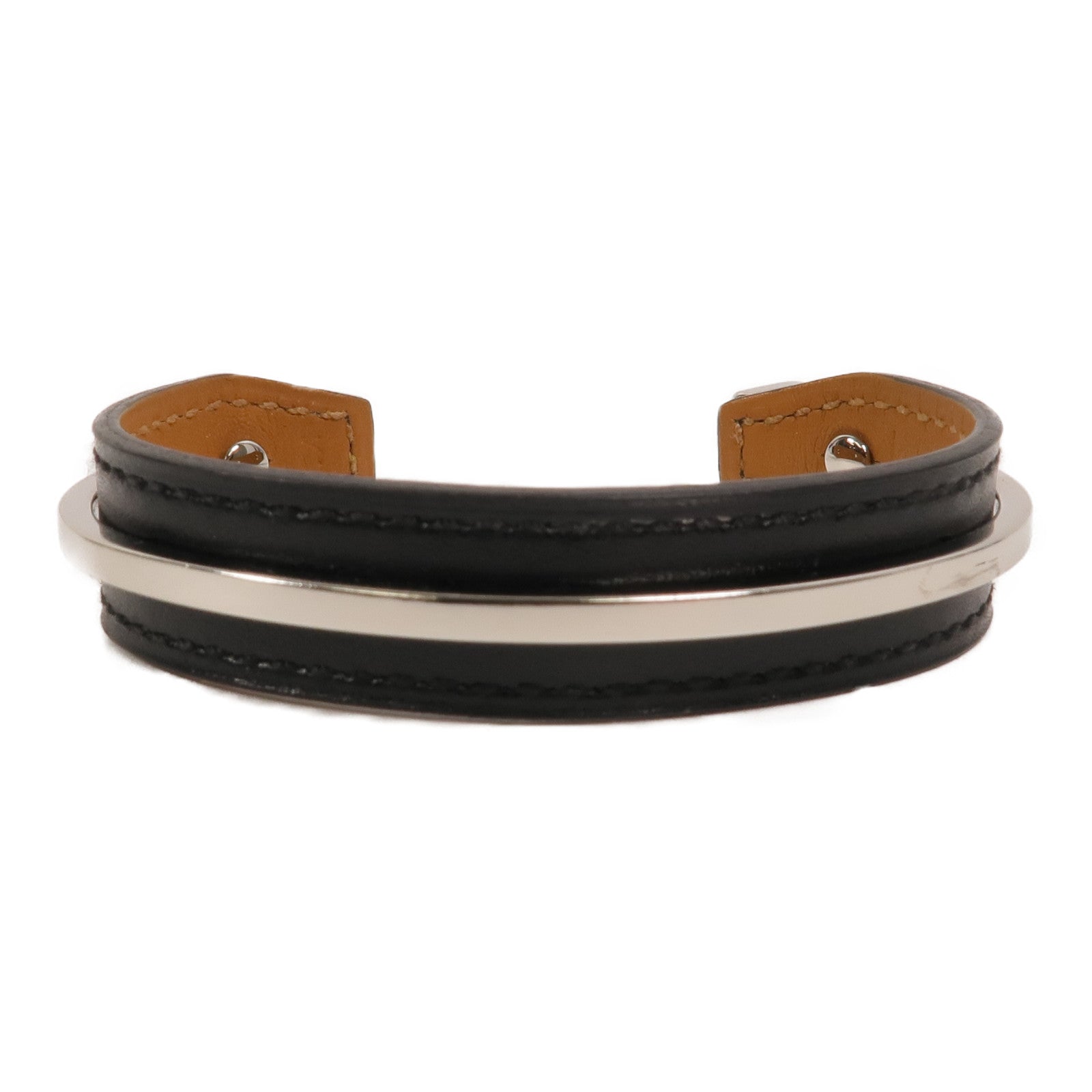 HERMES 金屬/Box皮革Open Cuff Bracelet手鐲Noir