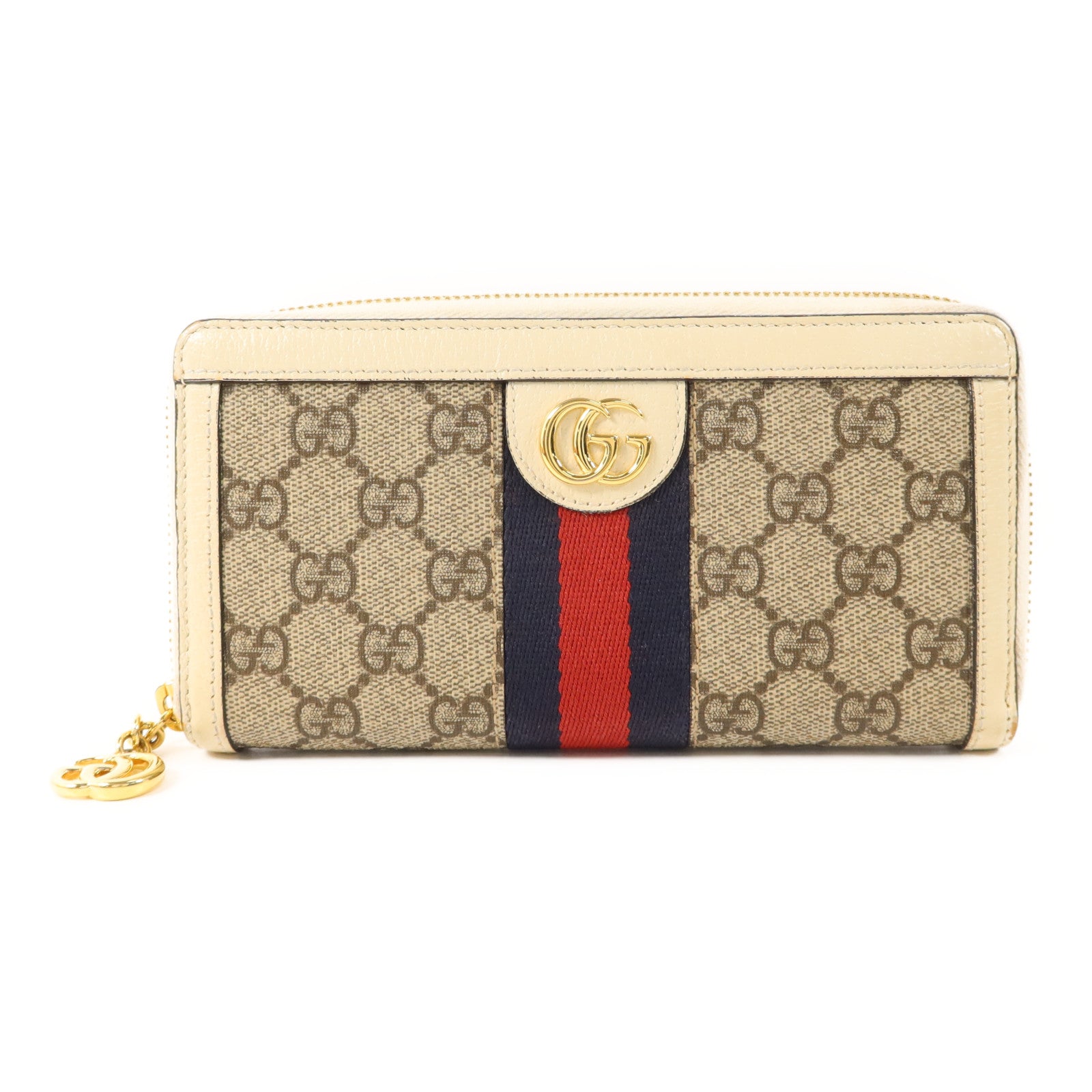 GUCCI 塗層帆布/牛皮皮革Zipper Long Wallet金扣拉鏈長錢包
