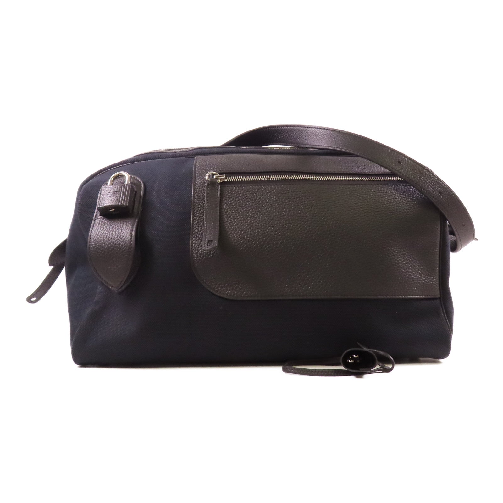 HERMES 帆布/Togo皮革Long Courrier Bag銀扣肩背袋Noir