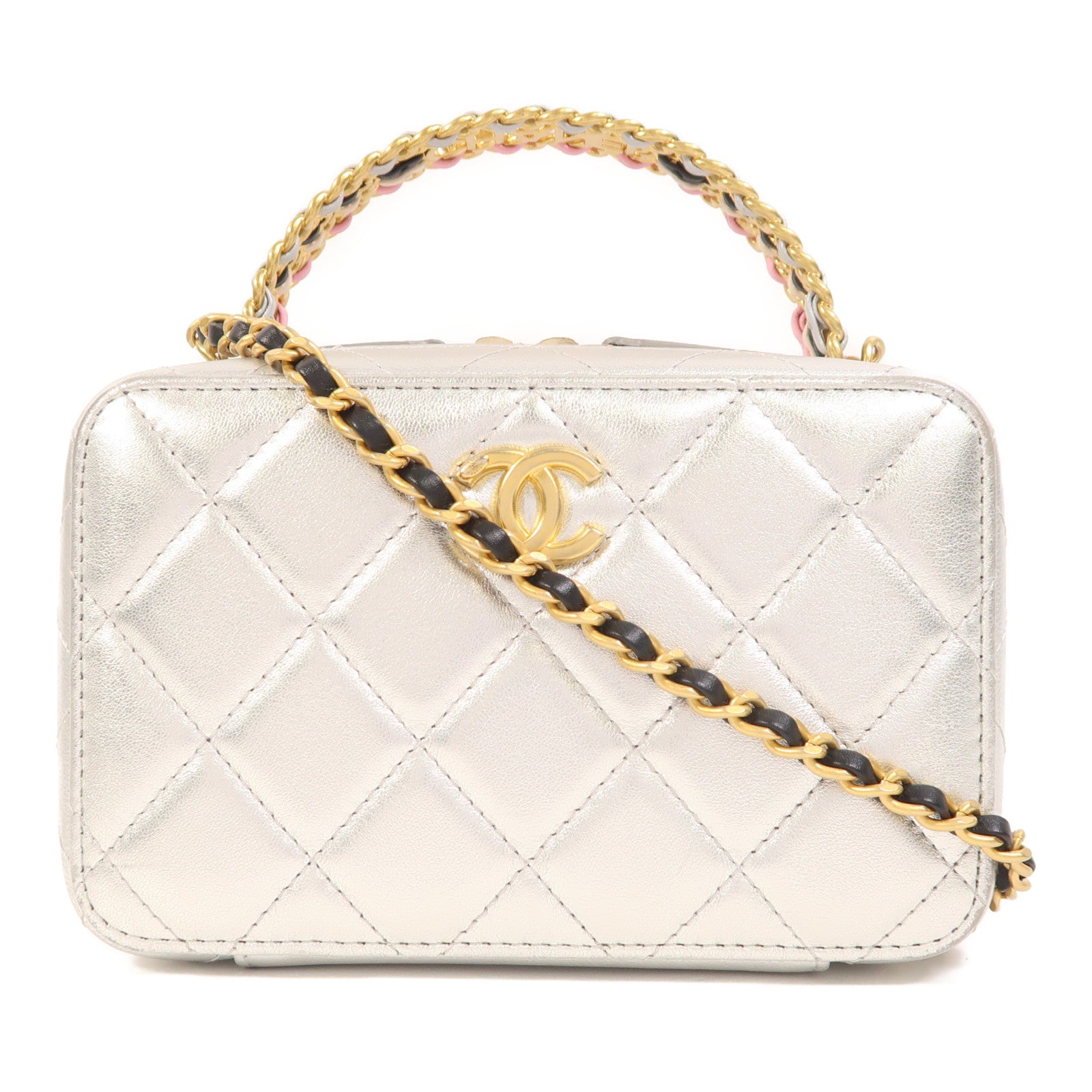 CHANEL 【激減優惠】牛皮皮革Vanity Case金扣鏈帶手挽肩背兩用袋