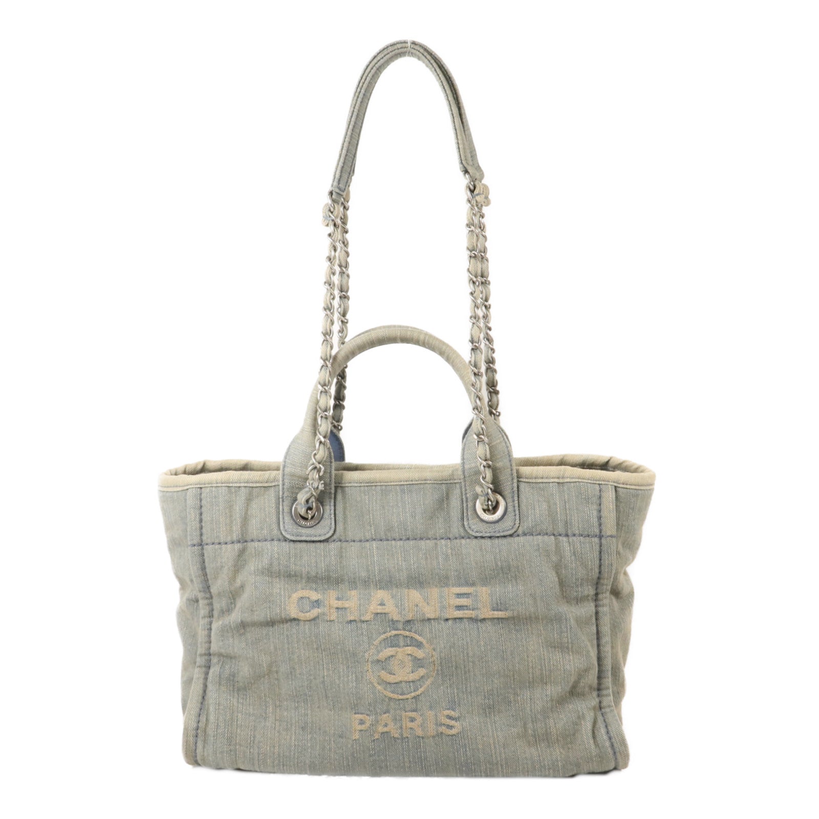 CHANEL 牛仔布Deauville Tote鏈帶手挽肩背兩用袋