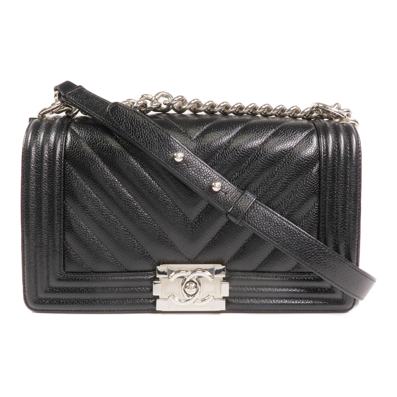 CHANEL 牛皮皮革Boy 25銀扣鏈帶肩背袋