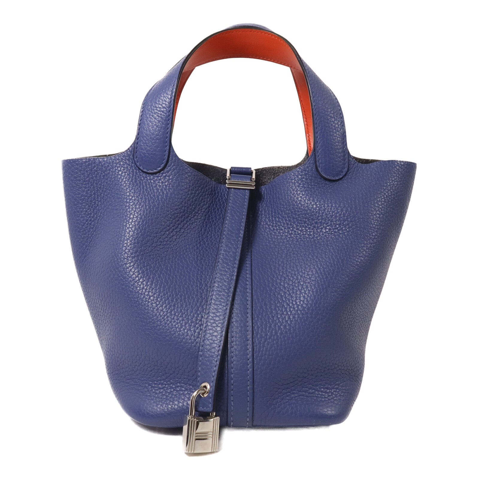 HERMES Clemence皮革Picotin PM銀扣手挽袋Bleu Brighton/Capucine