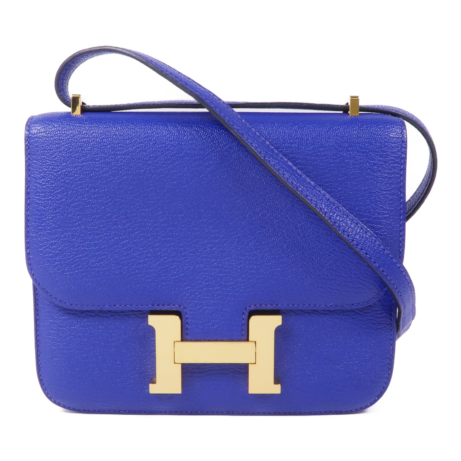 HERMES Chevre皮革Mini Constance金扣肩背袋Bleu Electrique