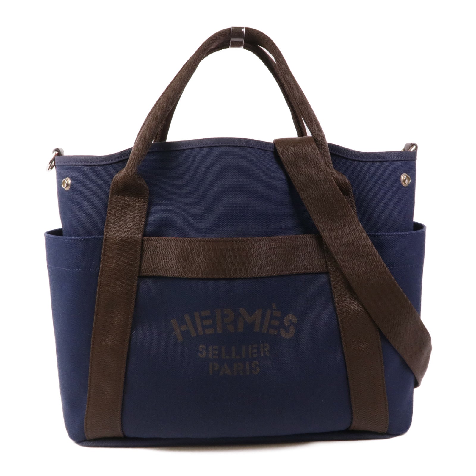 HERMES 帆布Sac De Pansage Groom手挽肩背兩用袋Bleu Indigo/Feu