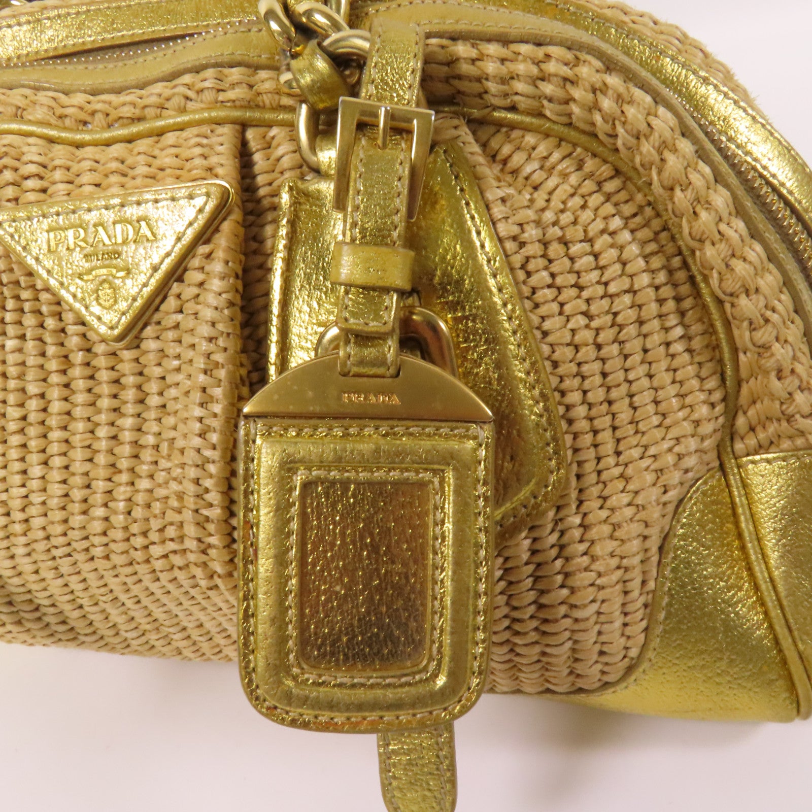PRADA 牛皮皮革/Rattan Hand Bag金扣手挽袋