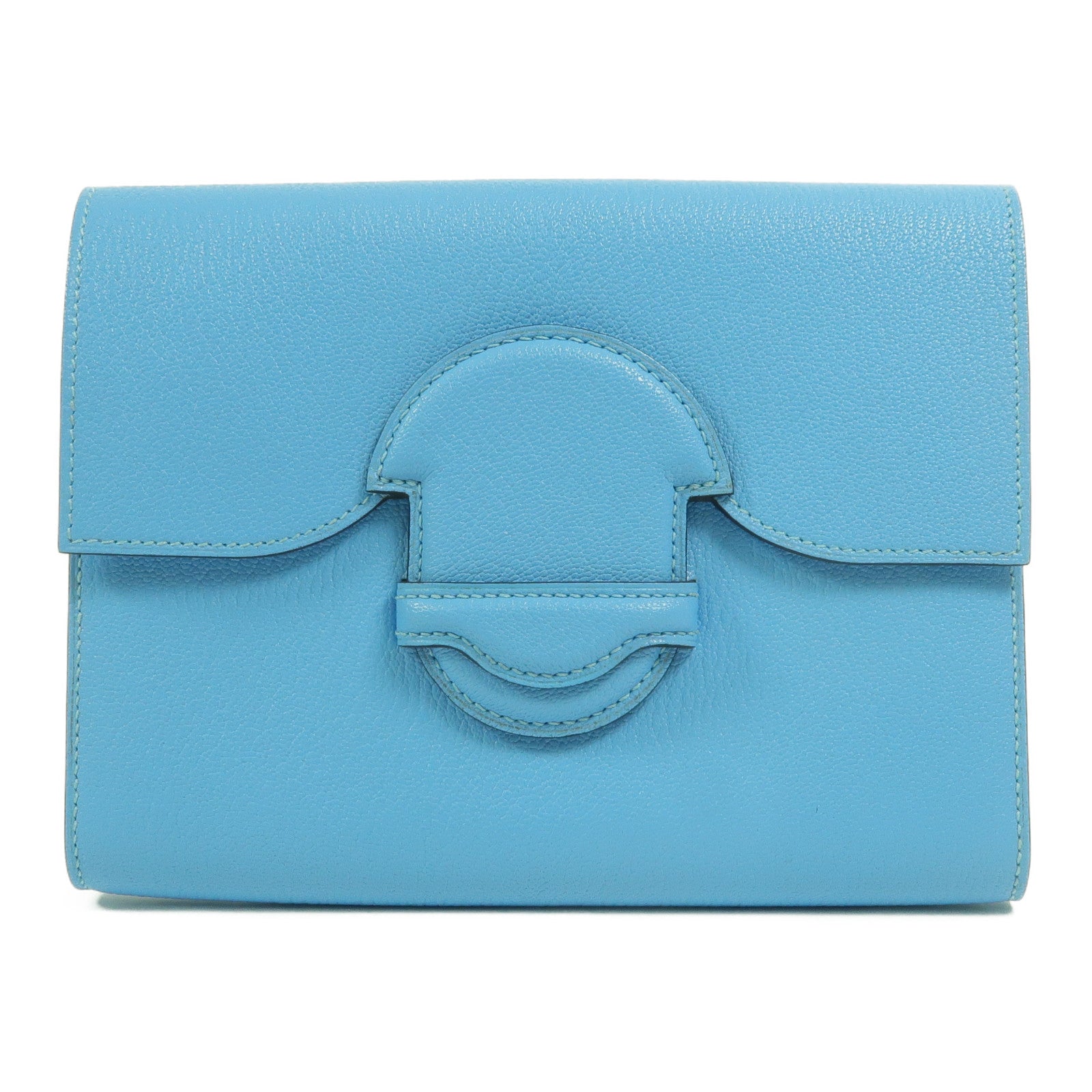 HERMES Chevre皮革1938-19 Compact Wallet Clutch手拿包Bleu Jean